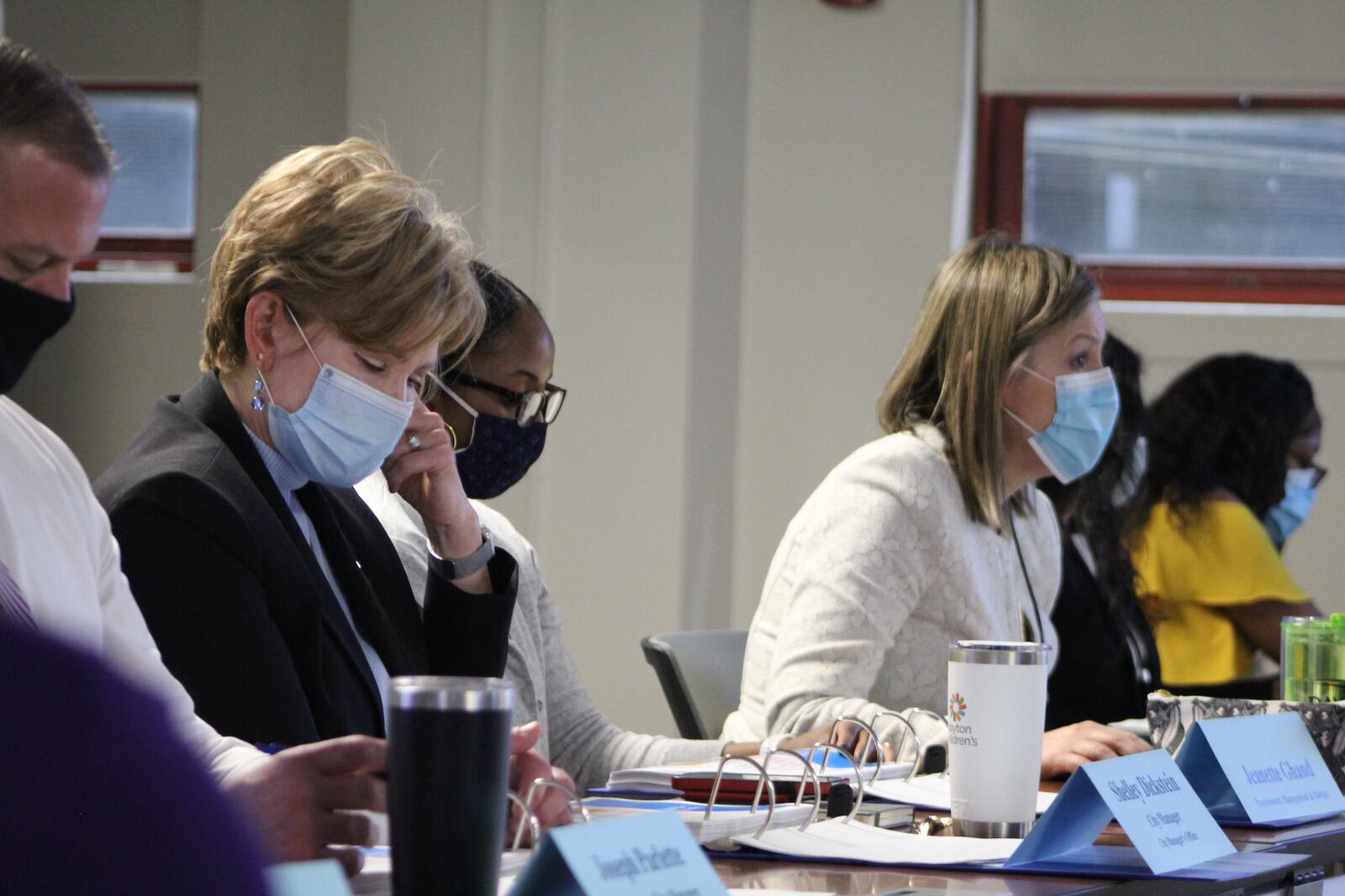 Dayton City Manager Shelley Dickstein and procurement, management and budget Director Diane Shannon at a recent budget session meeting. CORNELIUS FROLIK / STAFF