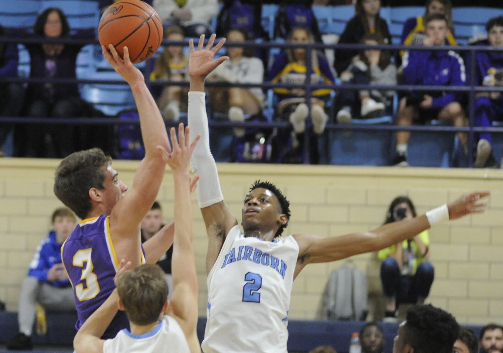 Butler’s Michael Kreill shoots over Tylen Eatmon (2) of Fairborn. Butler defeated host Fairborn 68-53 in a boys high school basketball game on Friday, Jan. 4, 2019. MARC PENDLETON / STAFF