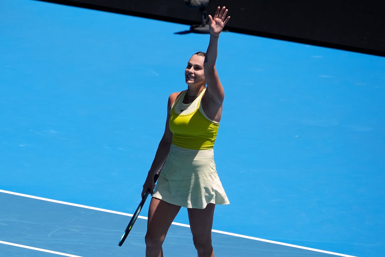 Aryna Sabalenka of Belarus celebrates after defeating Clara Tauson of Denmark in their third round match at the Australian Open tennis championship in Melbourne, Australia, Friday, Jan. 17, 2025. (AP Photo/Asanka Brendon Ratnayake)