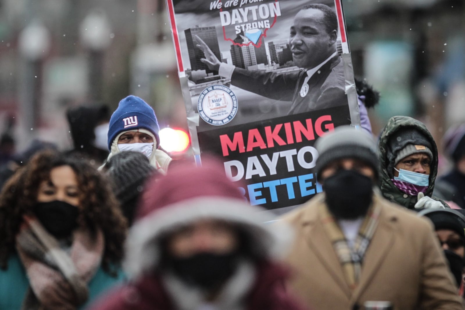 Around 100 people braved the cold for the People's March on Martin Luther King Day Monday Jan.18, 2021. The march started at Drew Health Center on West Third and ended at the Third St. bridge. The theme of the march was, "Unity, Atonement and Reconciliation," and organized by the New Black Panther Party and Street Soldiers.