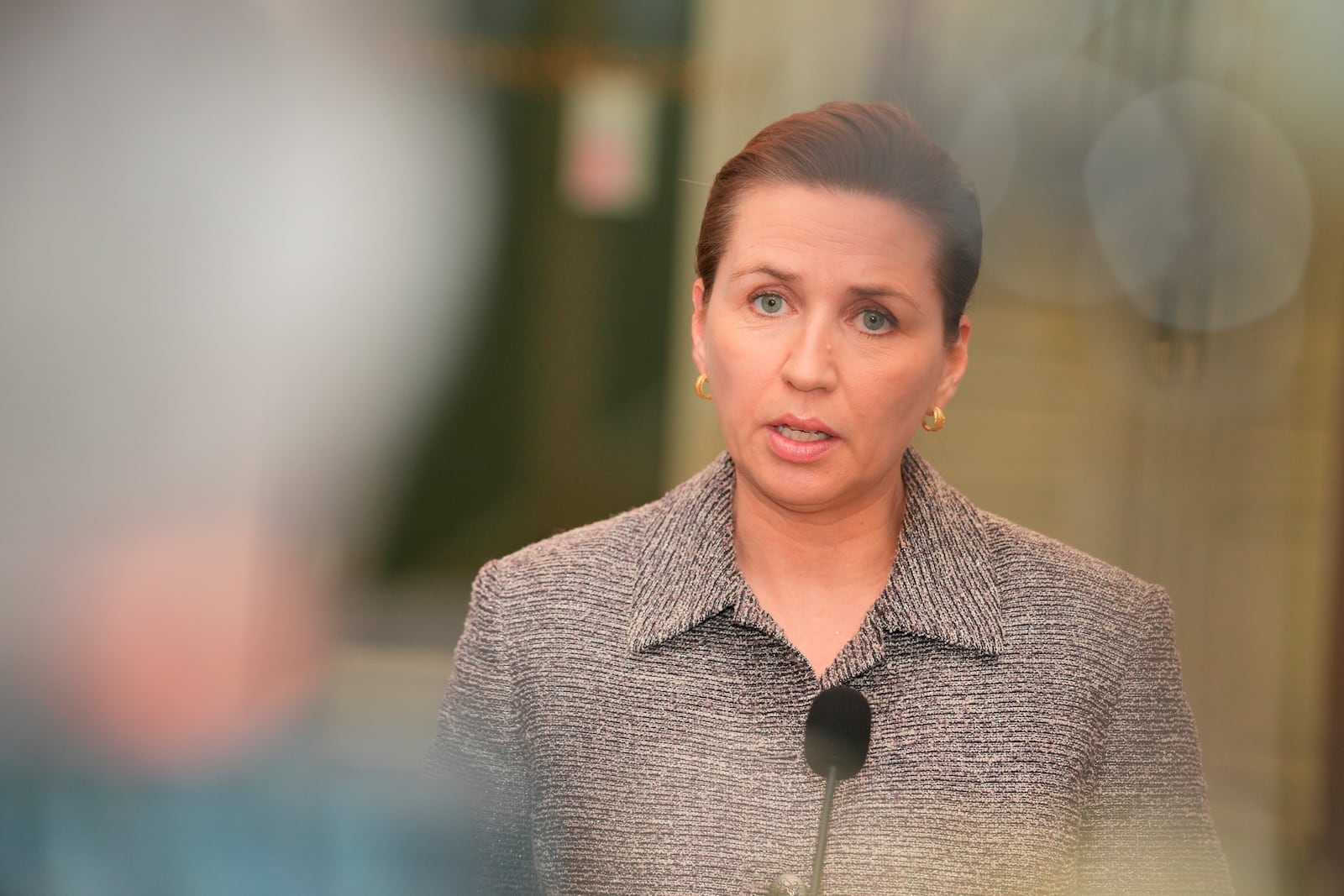 Denmark's Prime Minister Mette Frederiksen speaks to the media after a meeting with party leaders regarding Greenland, at the Prime Minister's Office in Christiansborg, Copenhagen, Thursday, January 9, 2025. (Emil Helms/Ritzau Scanpix via AP)