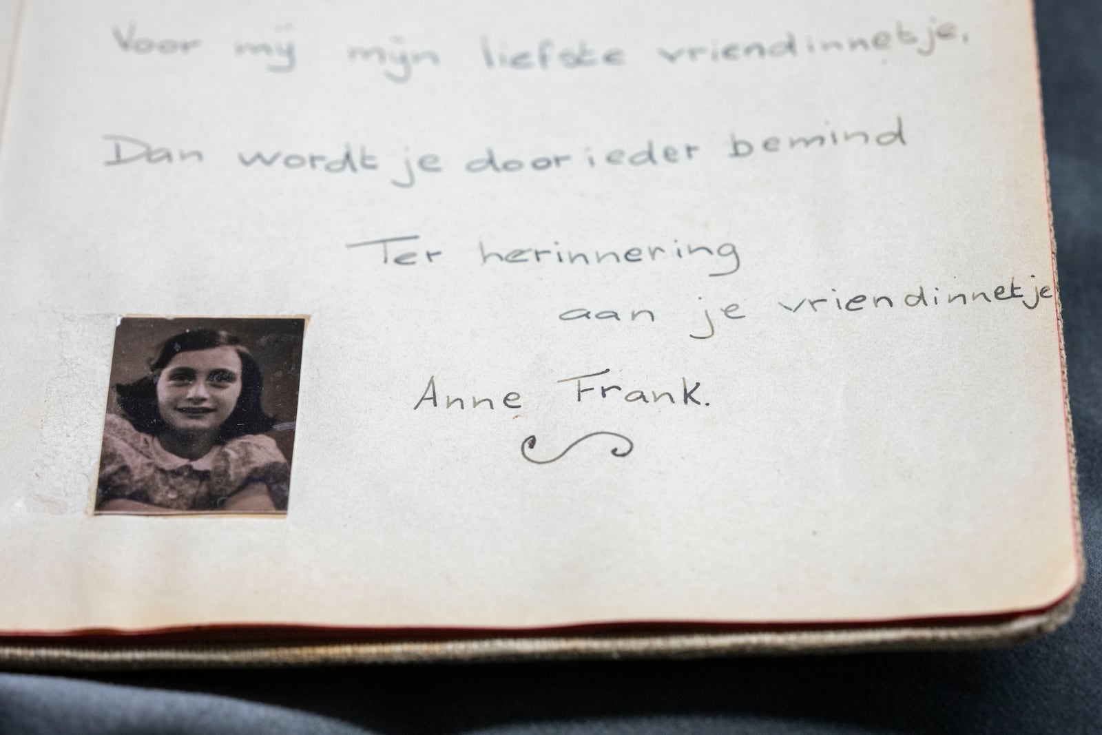 A friendship album with Anne Frank's writing is displayed in Amsterdam, Netherlands, Friday, Oct. 4, 2024, ahead of an exhibit in New York. (AP Photo/Peter Dejong)