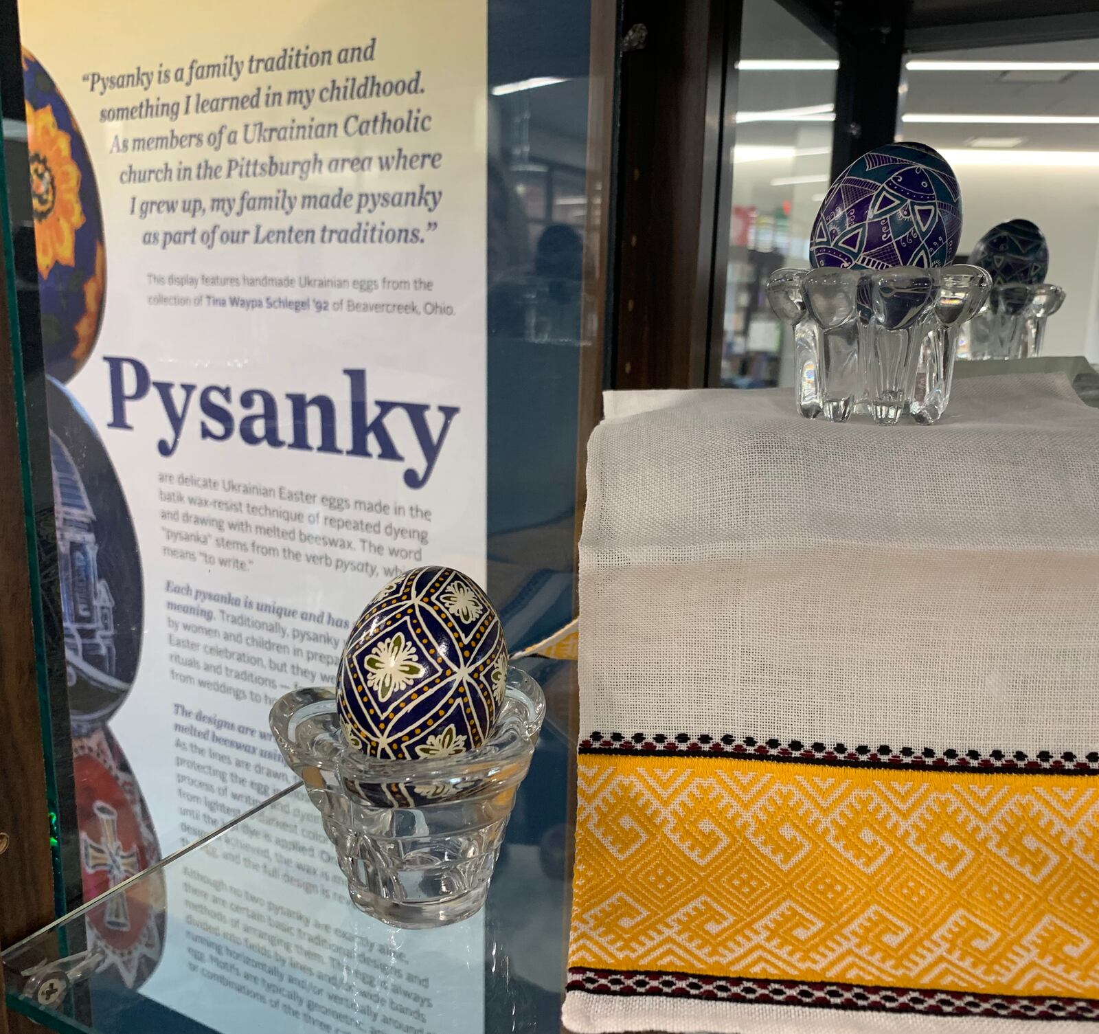 University of Dayton received a loan from alumna Tina Waypa Schlegel’s of Ukrainian Easter eggs known as pysanky that will be displayed in the Roesch Library main floor lobby through April 25. Photo credit: University of Dayton