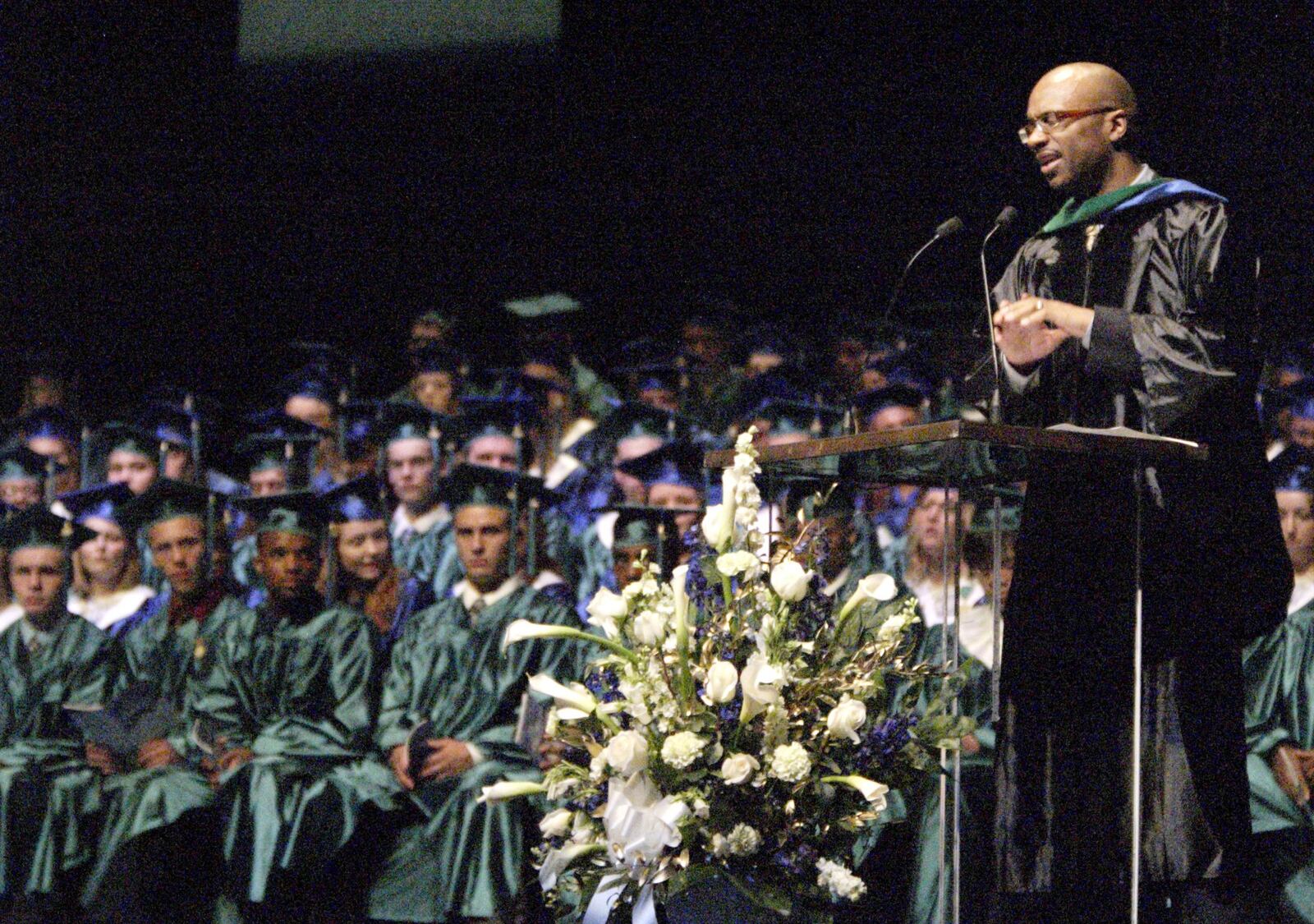 Dr. Barrett K. Robinson, from Northwestern University and Prentice Women’s Hospital, delivers the commencement address during the Chaminade Julienne High School Commencement at the Dayton Masonic Center, Monday, May 24, 2010.