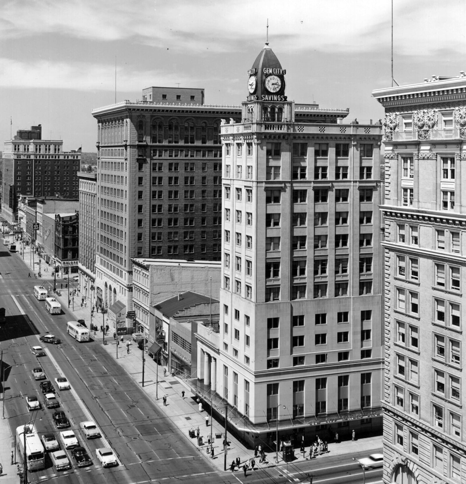 The Gem City Savings building, with clock on top, at the corner of Third and Main streets photographed in 1962. DAYTON DAILY NEWS ARCHIVE