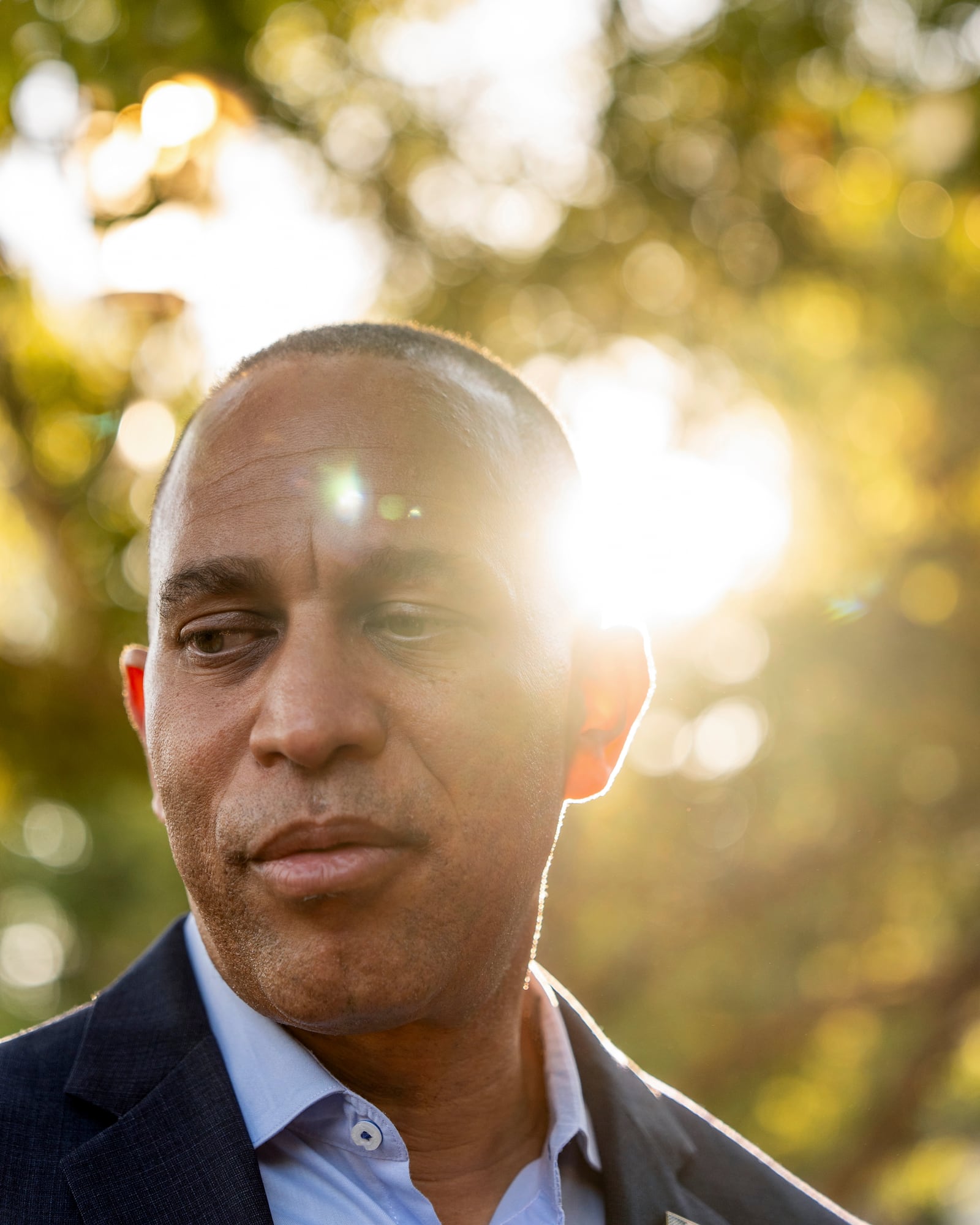 House Minority Leader Hakeem Jeffries, D-N.Y., center, during an interview with The Associated Press, Saturday, Oct. 12, 2024, in Irvine, Calif. (AP Photo/Julia Demaree Nikhinson)