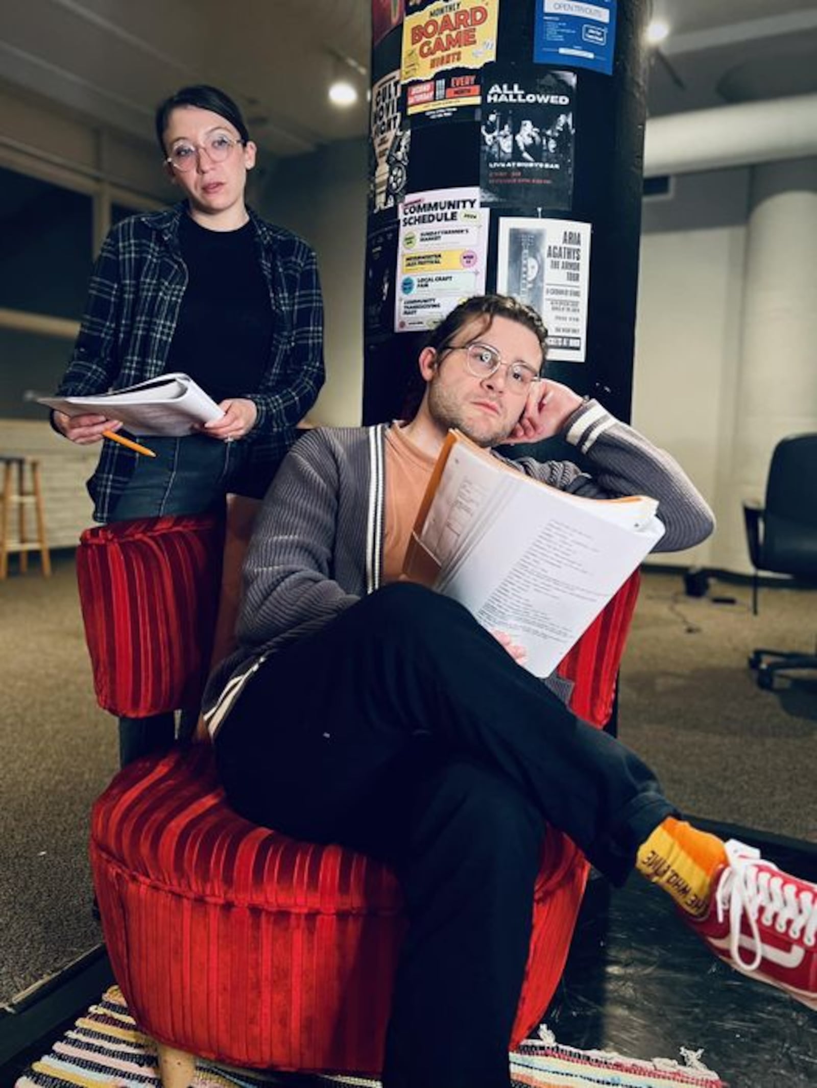 Jenna Gomes (Lizzie) and Garrett Young (Taylor) in rehearsal for TheatreLab Dayton's production of "Not Another Thanksgiving Play." PHOTO BY MACKENSIE KING