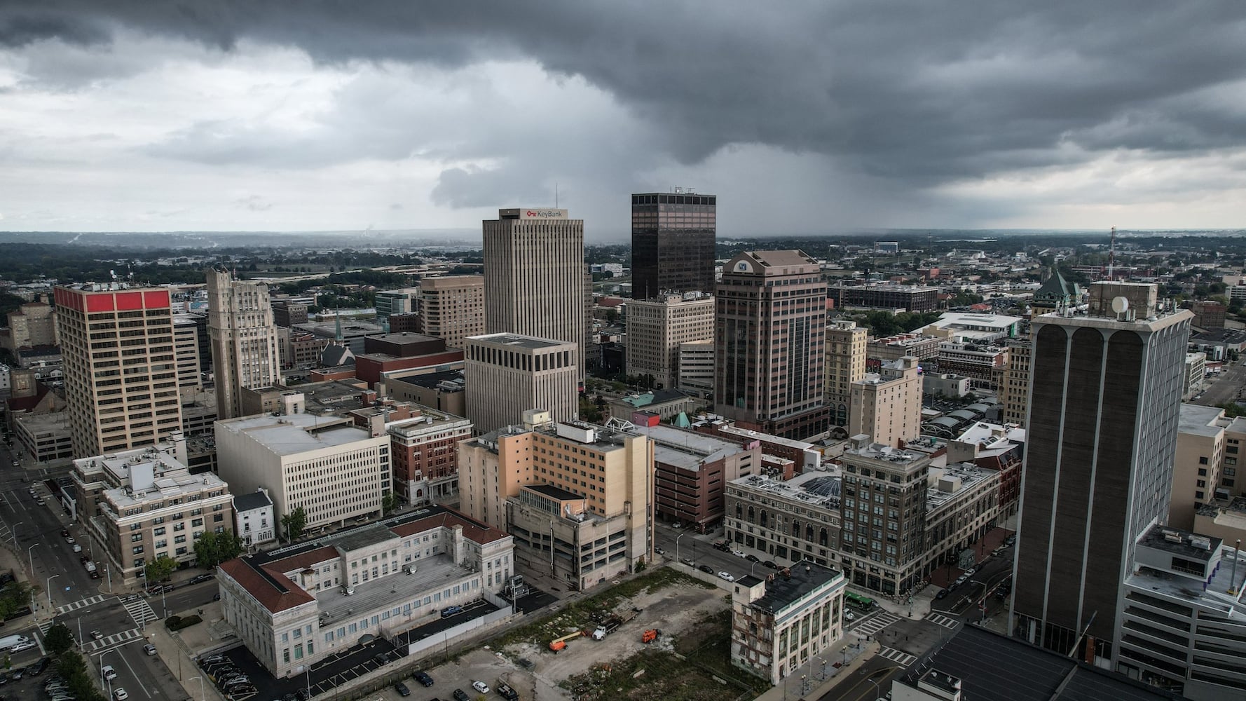 Storm clouds over Dayton skyline