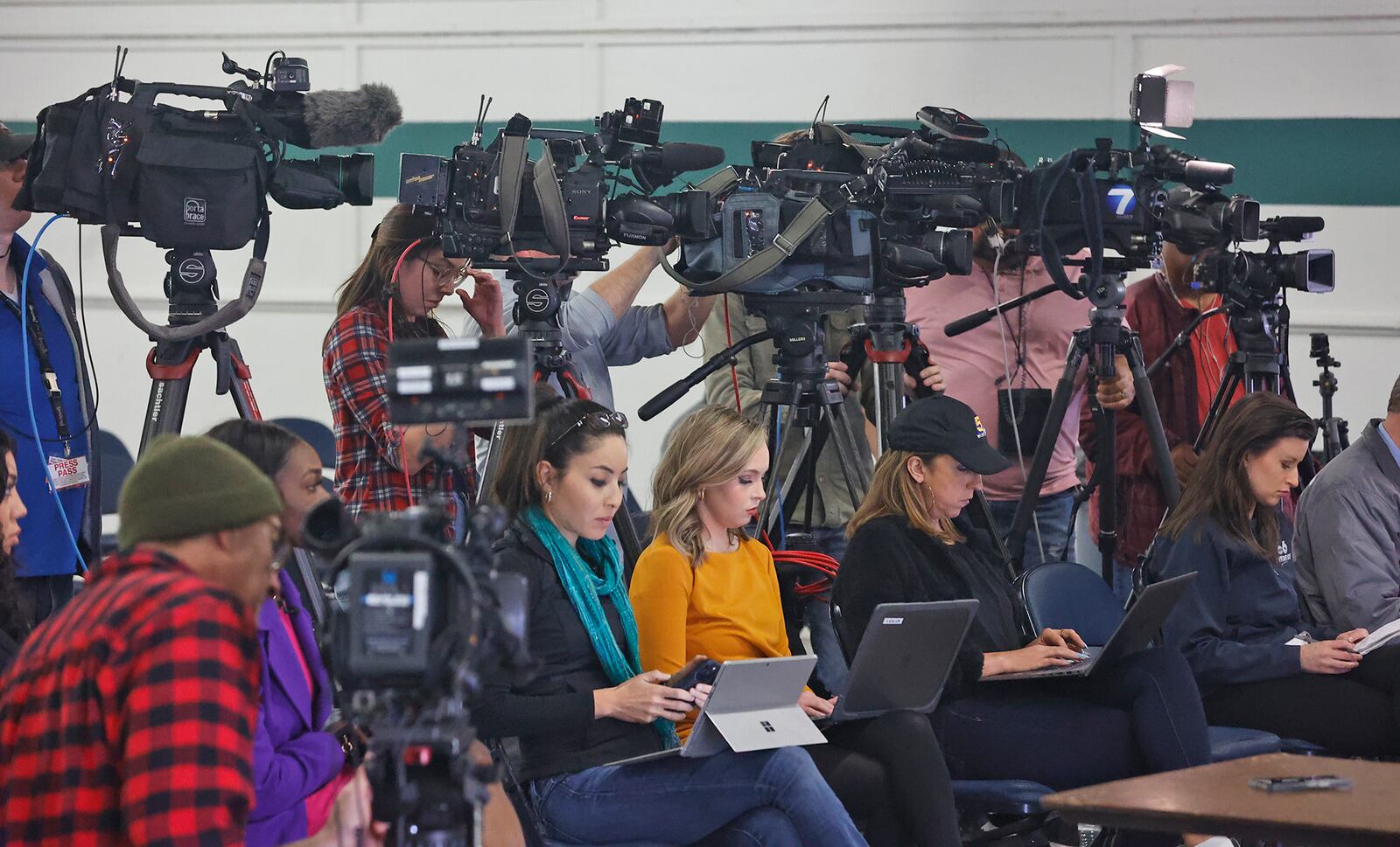 Media outlets, both local and national, during a press conference Monday, March 6, 2023 in regards to the Clark County train derailment. BILL LACKEY/STAFF