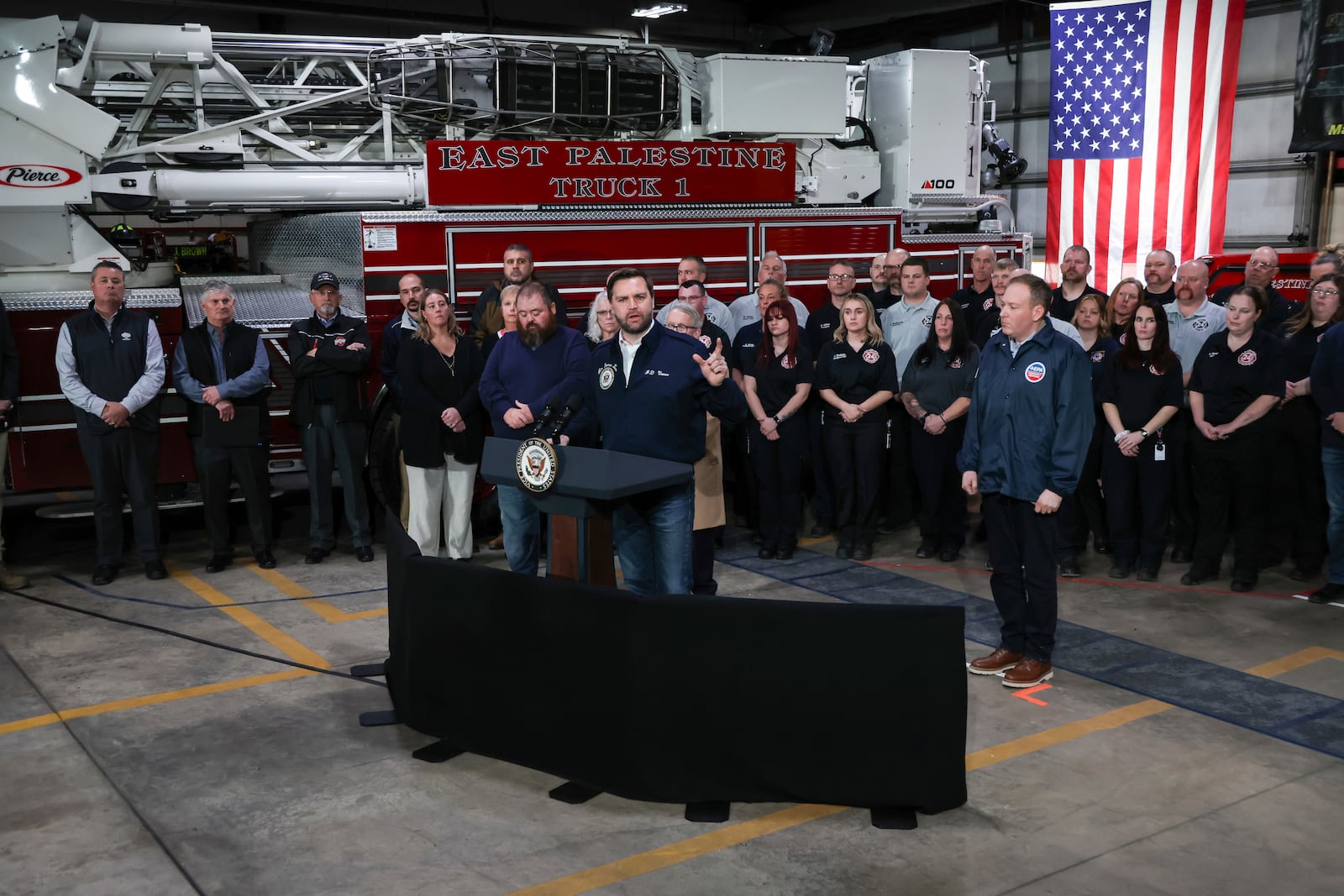 Vice President JD Vance speaks at the East Palestine Fire Department as he visits East Palestine, Ohio, Monday, Feb. 3, 2025. (Rebecca Droke/Pool Photo via AP)