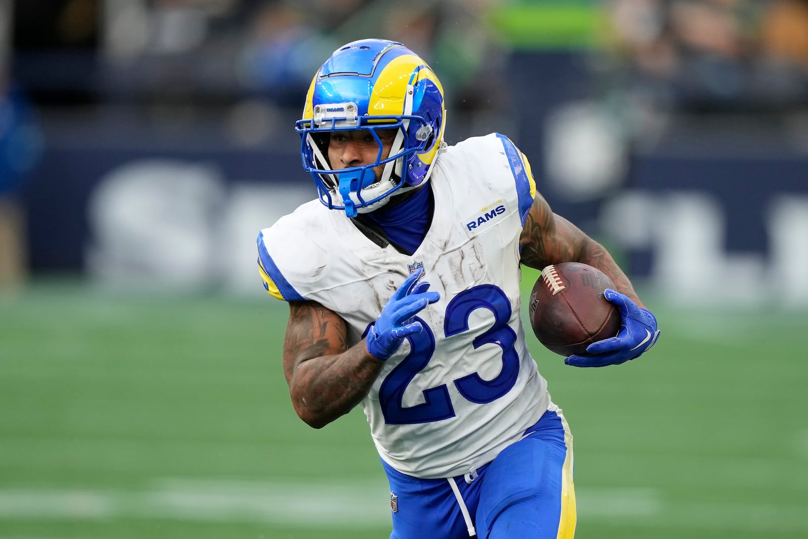 Los Angeles Rams running back Kyren Williams (23) runs against the Seattle Seahawks during the second half of an NFL football game in Seattle, Sunday, Nov. 3, 2024. (AP Photo/Stephen Brashear)