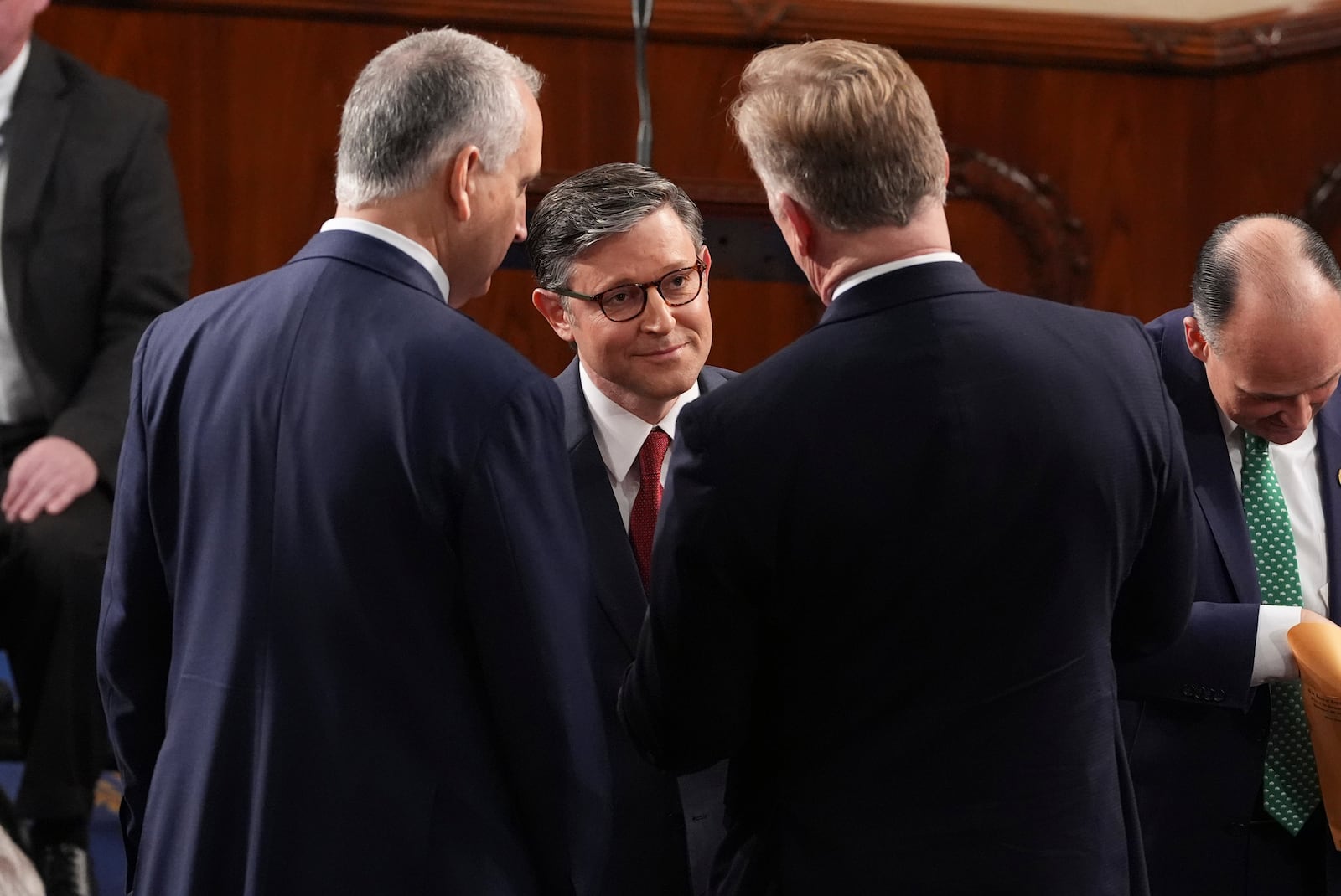 House Speaker Mike Johnson, R-La., speaks with members as the House of Representatives meets to elect a speaker and convene the new 119th Congress at the Capitol in Washington, Friday, Jan. 3, 2025. (AP Photo/Jacquelyn Martin)