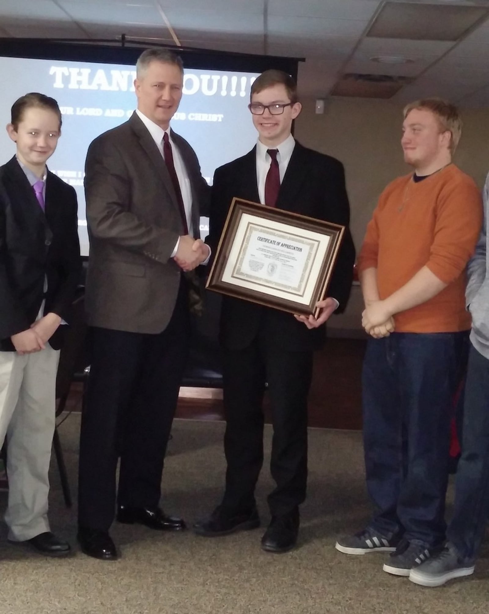 Thomas Williamitis, 16, of Oregonia received a certificate in January 2017 for heading a landscaping project at his church, St. Therese the Little Flower Catholic Church in Lebanon. CONTRIBUTED