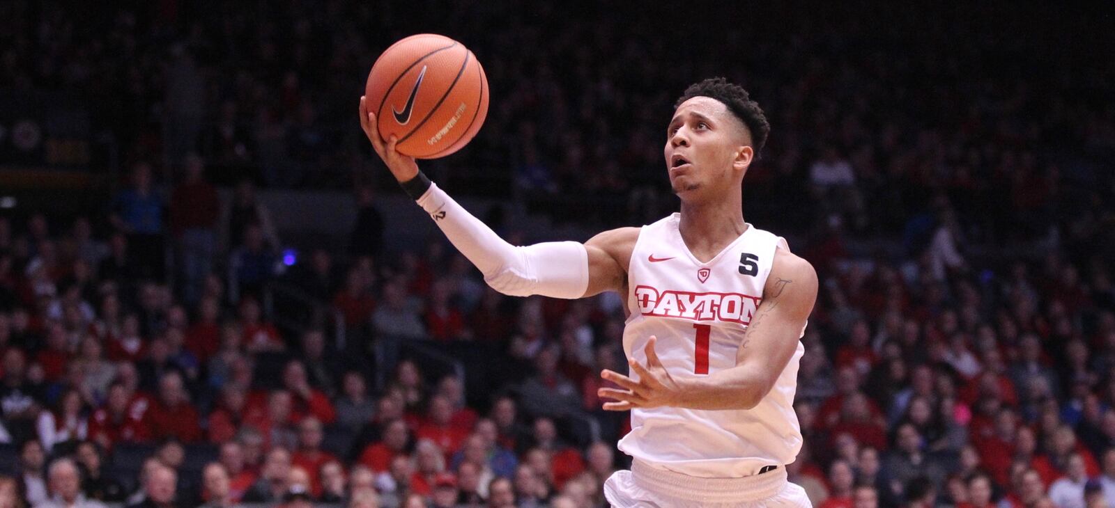 Dayton’s Darrell Davis scores against Duquesne on Wednesday, Feb. 7, 2018, at UD Arena. David Jablonski/Staff