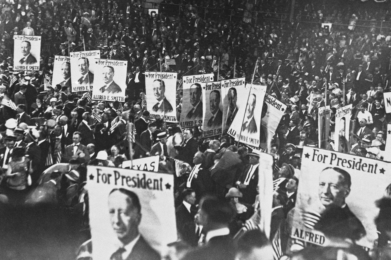 FILE - The crowd gives a 90 minute ovation for Governor Alfred E. Smith at the 1924 Democratic Convention at Madison Square Garden in New York. (AP Photo/File)