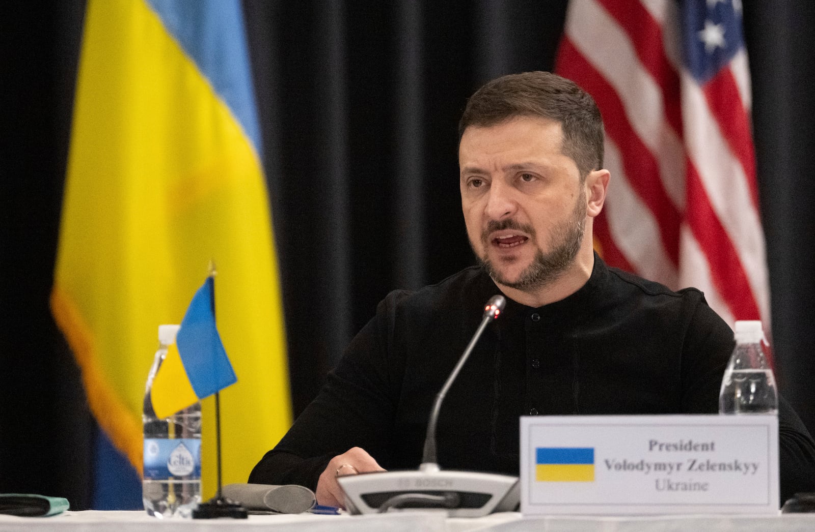 Ukrainian President Volodymyr Zelenskyy attends a meeting of the Ukraine Contact Group at Ramstein Air Base, Germany, Thursday, Jan. 9, 2025. (Marijan Murat/dpa via AP)