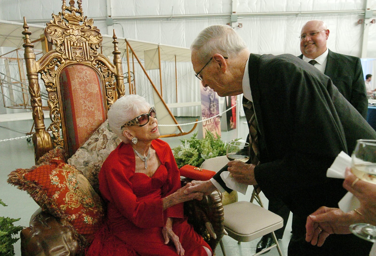 Zoe Dell Nutter celebrates her 100th birthday during a fund raising event to construct a monument horning the Wright Brothers, which would be erected at the crossroads to I-70 and I-75 on Saturday evening 6/20/2015 where hundreds attend the event at the Commanders Aero�s hanger located at the Dayton-Wright Brothers Airport located in Miami Twp. CONTRIBUTED PHOTO/CHARLES CAPERTON