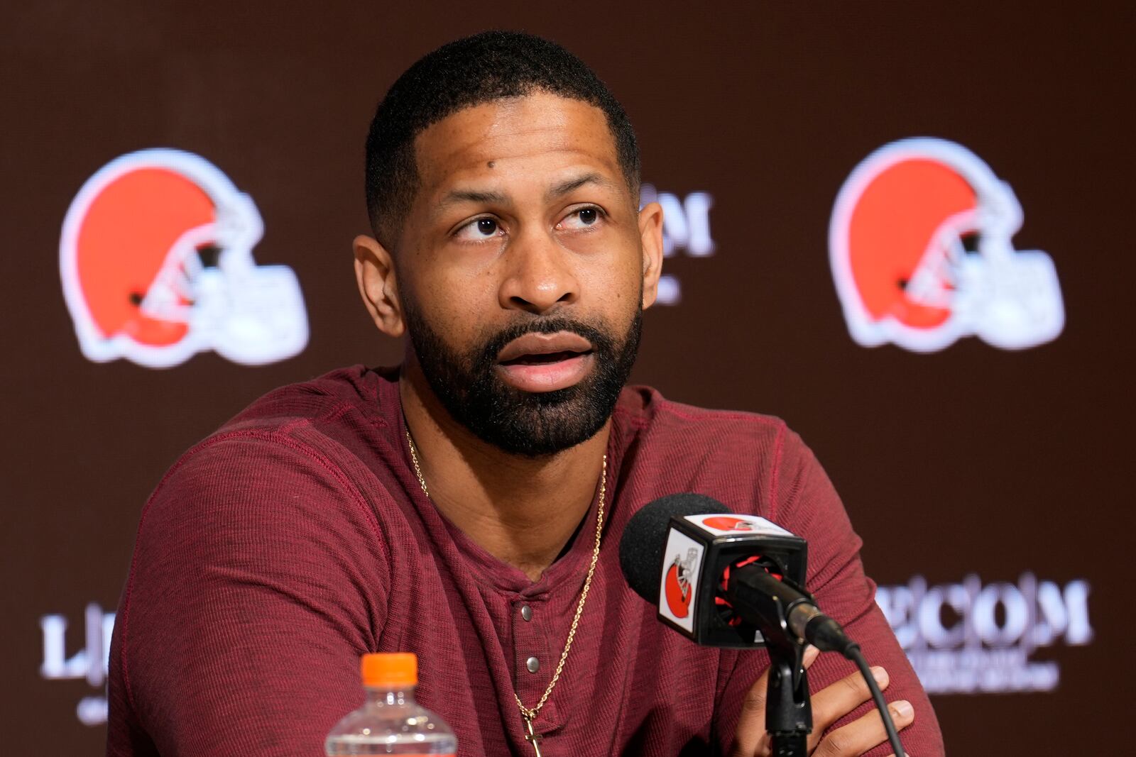 Cleveland Browns General Manager Andrew Berry speaks during an NFL football news conference in Berea, Ohio, Monday, Jan. 6, 2025. (AP Photo/Sue Ogrocki)