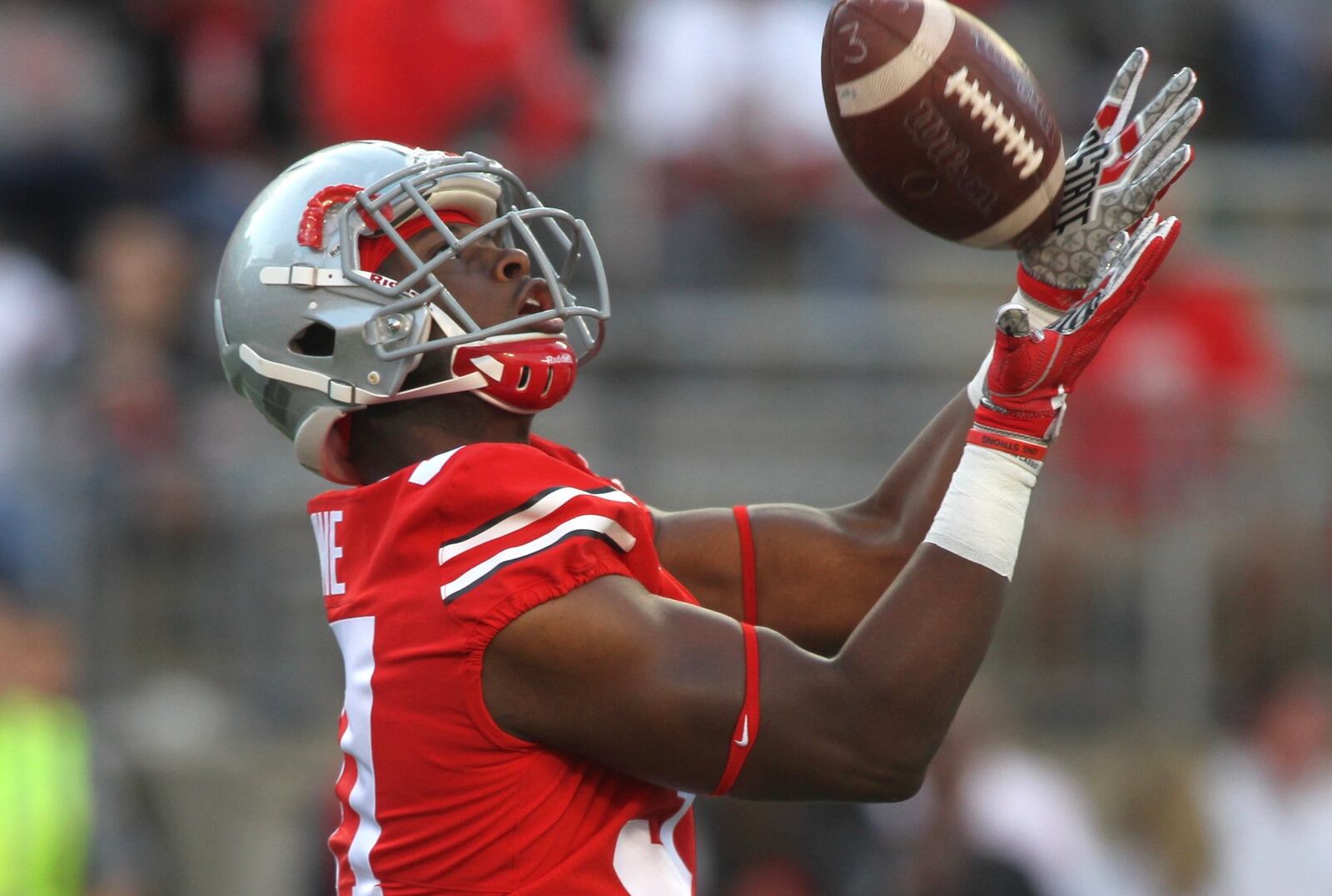 Ohio State’s Derrick Malone, a Thurgood Marshall graduate, warms up before a game against Oklahoma on Saturday, Sept. 9, 2017, at Ohio Stadium in Columbus. David Jablonski/Staff