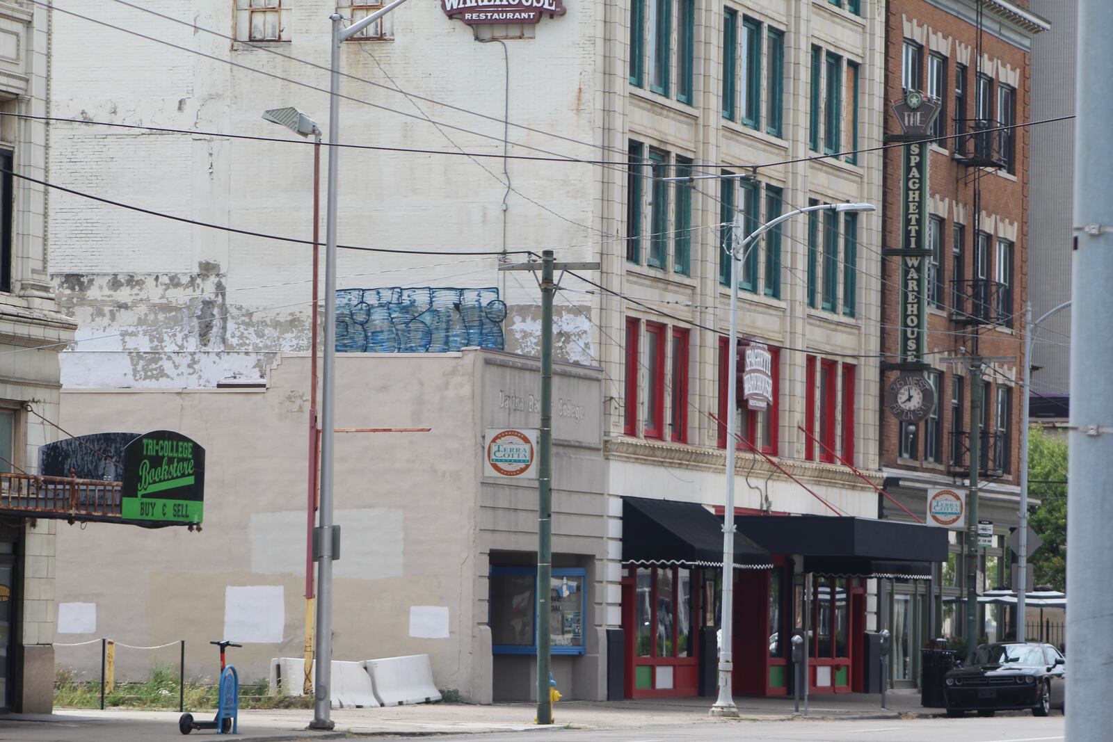 Graffiti on the side of the Spaghetti Warehouse building in downtown Dayton. CORNELIUS FROLIK / STAFF