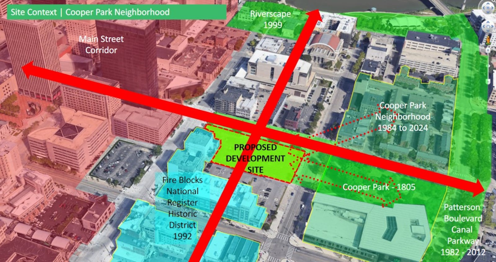 A map showing a city of Dayton-owned parking lot at St. Clair and Second streets that Columbus-based developer Marker Development hopes to turn into a mixed-use development, with market-rate apartments and ground floor retail space. CONTRIBUTED