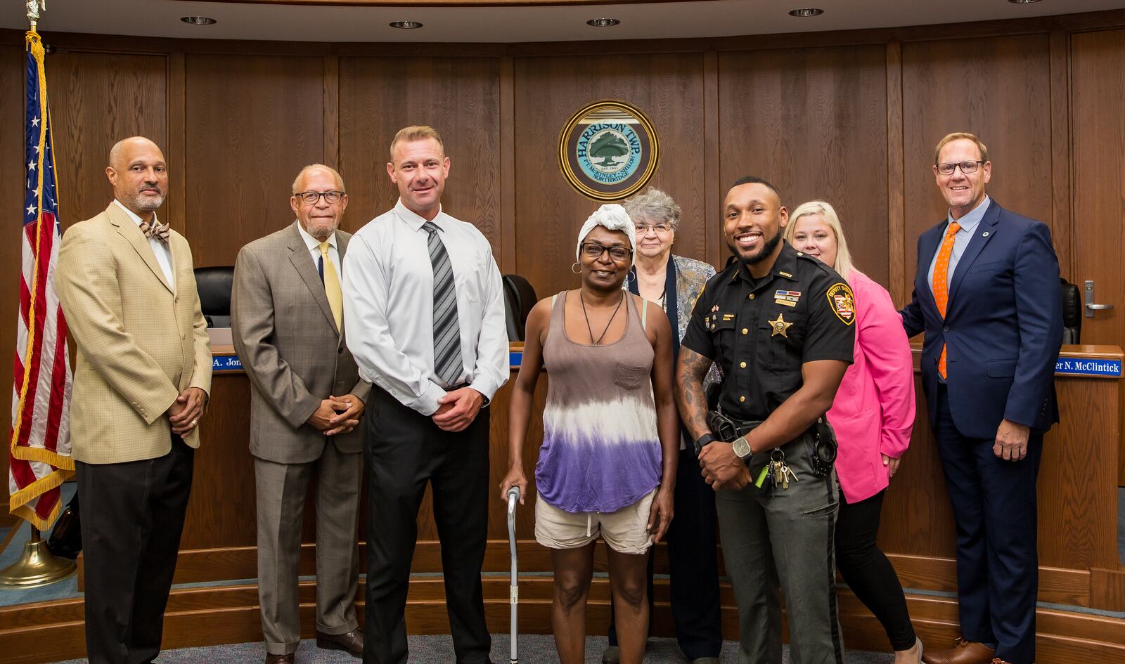 Harrison Township Fiscal Officer Craig Jones, Trustee Roland Winburn, Fire Chief Mike Crist, Tomasina Barfield, Trustee Georgeann Godsey, Javan Richardson, Trustee Danielle Bradley and Administrator Kris McClintick. | Ken Jarosik, Harrison Twp. Communications Manager