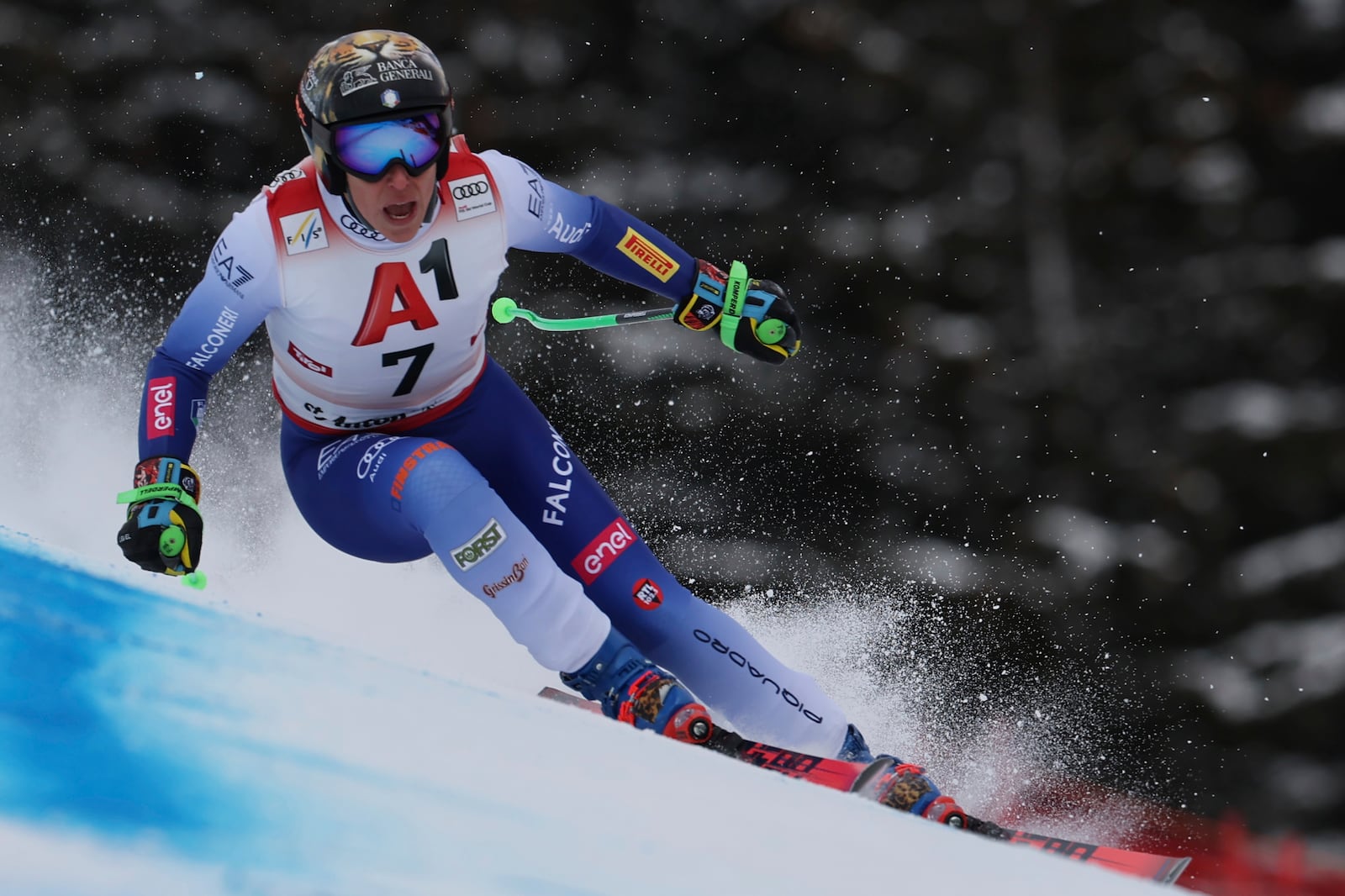 Italy's Federica Brignone speeds down the course during an alpine ski, women's World Cup super G race, in St. Anton, Austria, Sunday, Jan. 12, 2025. (AP Photo/Marco Trovati)