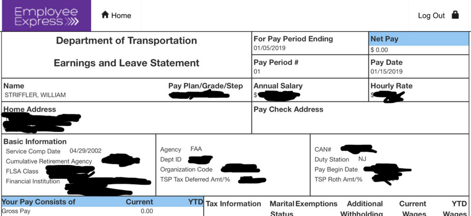 This portion of Bill Striffler's electronic pay stub provided by him to the Associated Press on Friday, Jan. 11, 2019, with portions blacked out by him, shows his recent pay to be $0.00 for his work as an air traffic controller at Newark Airport. Some 800,000 federal employees, more than half still on the job, were due to miss their first paycheck Friday under a partial government shutdown as President Donald Trump and Congress remain at odds over funding for his long-promised U.S.-Mexico border wall. (