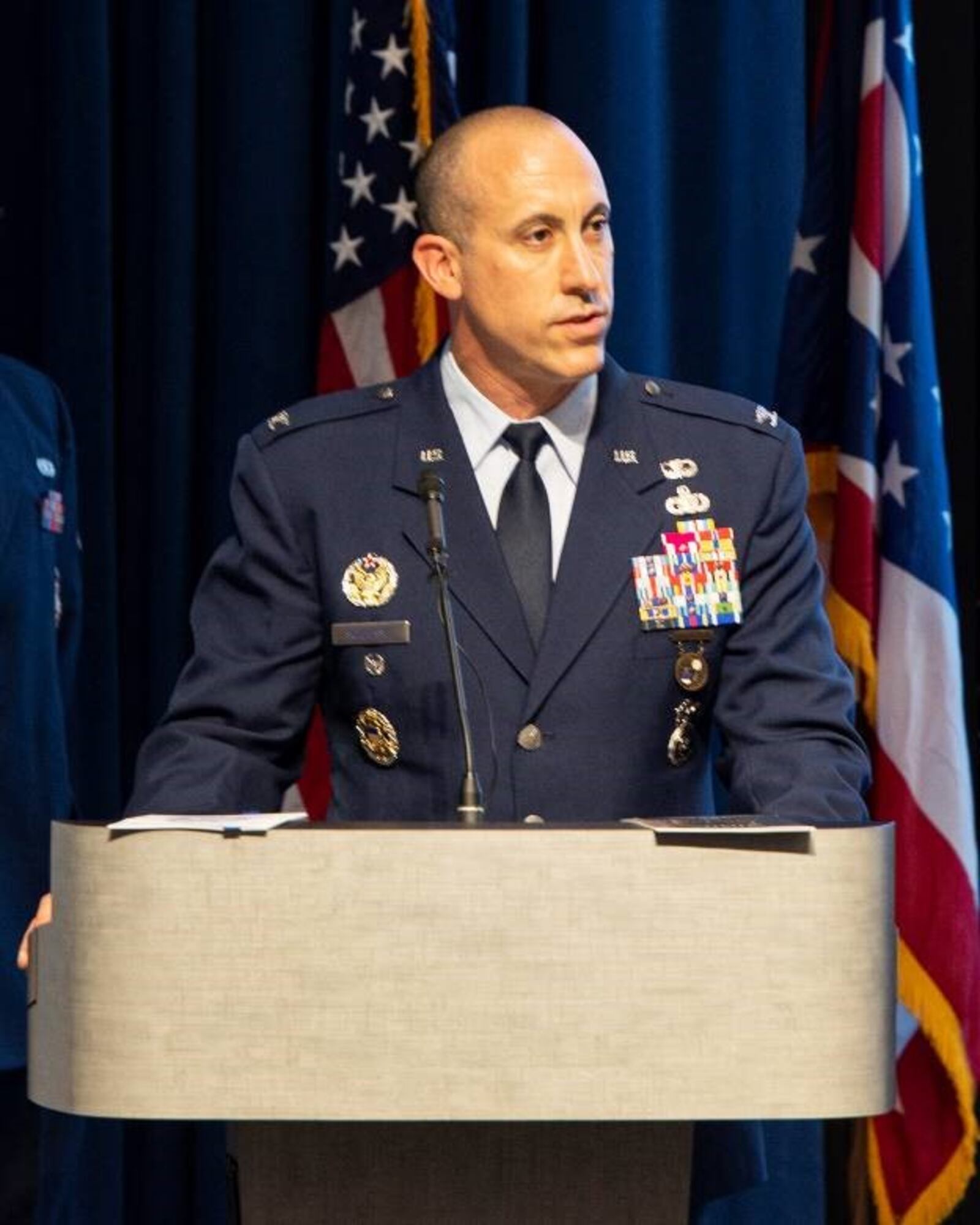 Col. Damian Schlussel, Air Force Materiel Command Security Forces division chief, speaks during the closing ceremony May 20 for National Police Week at Wright-Patterson Air Force Base. The 88th Security Forces Squadron hosted a variety of events throughout the week, including a golf scramble, shooting competition and ruck march. U.S. Air Force photo/Jaima Fogg