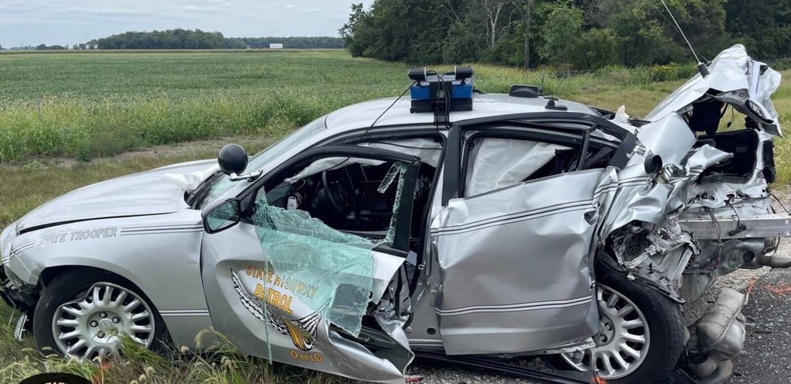 An Ohio State Highway Patrol trooper’s cruiser was hit as it sat along a roadside last month. CONTRIBUTED