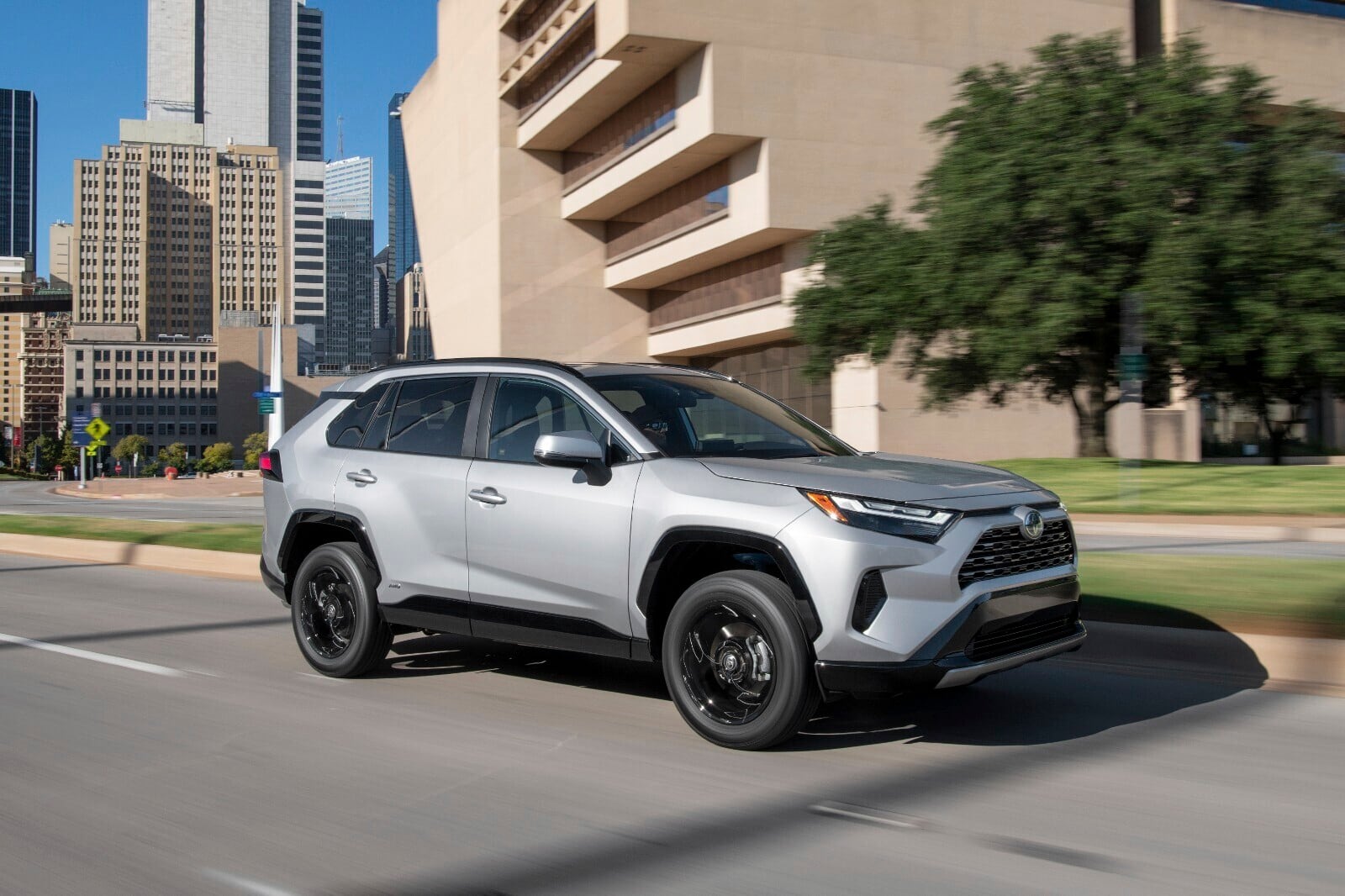 This photo provided by Toyota shows a 2022 RAV4 Hybrid. The EPA estimates it gets up to 40 mpg in combined city/highway driving. (Courtesy of Toyota Motor Sales U.S.A. via AP)