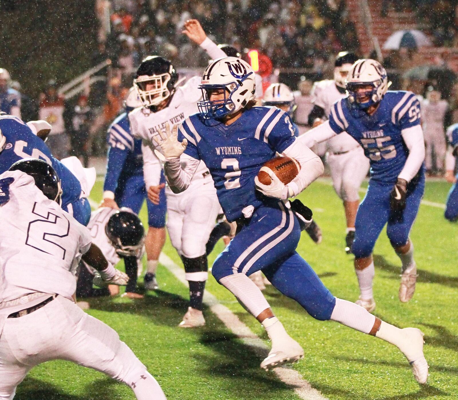 Wyoming QB Evan Prater rushed for five touchdowns. Cincinnati Wyoming defeated Valley View 33-0 in a D-IV, Region 16 high school football final at Princeton on Saturday, Nov. 23, 2019. MARC PENDLETON / STAFF