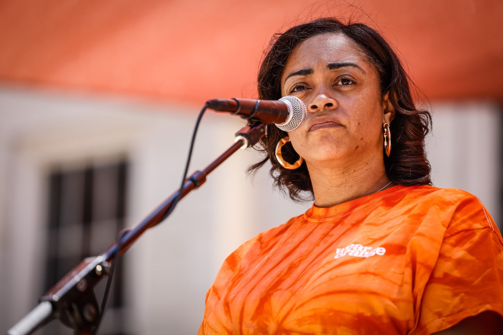 Donita Cosey survived the Dayton mass shooting in the Oregon District and spoke to a crowd Friday on the national gun violence awareness day on Courthouse Square. JIM NOELKER/STAFF