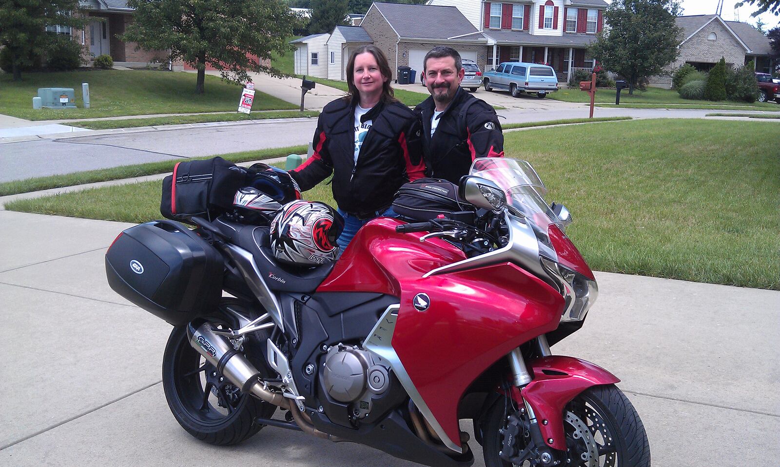 Becky and David Rittner upon arriving home after a 2,000 mile motorcycle trip from Centerville to Tampa and back in 2013. CONTRIBUTED