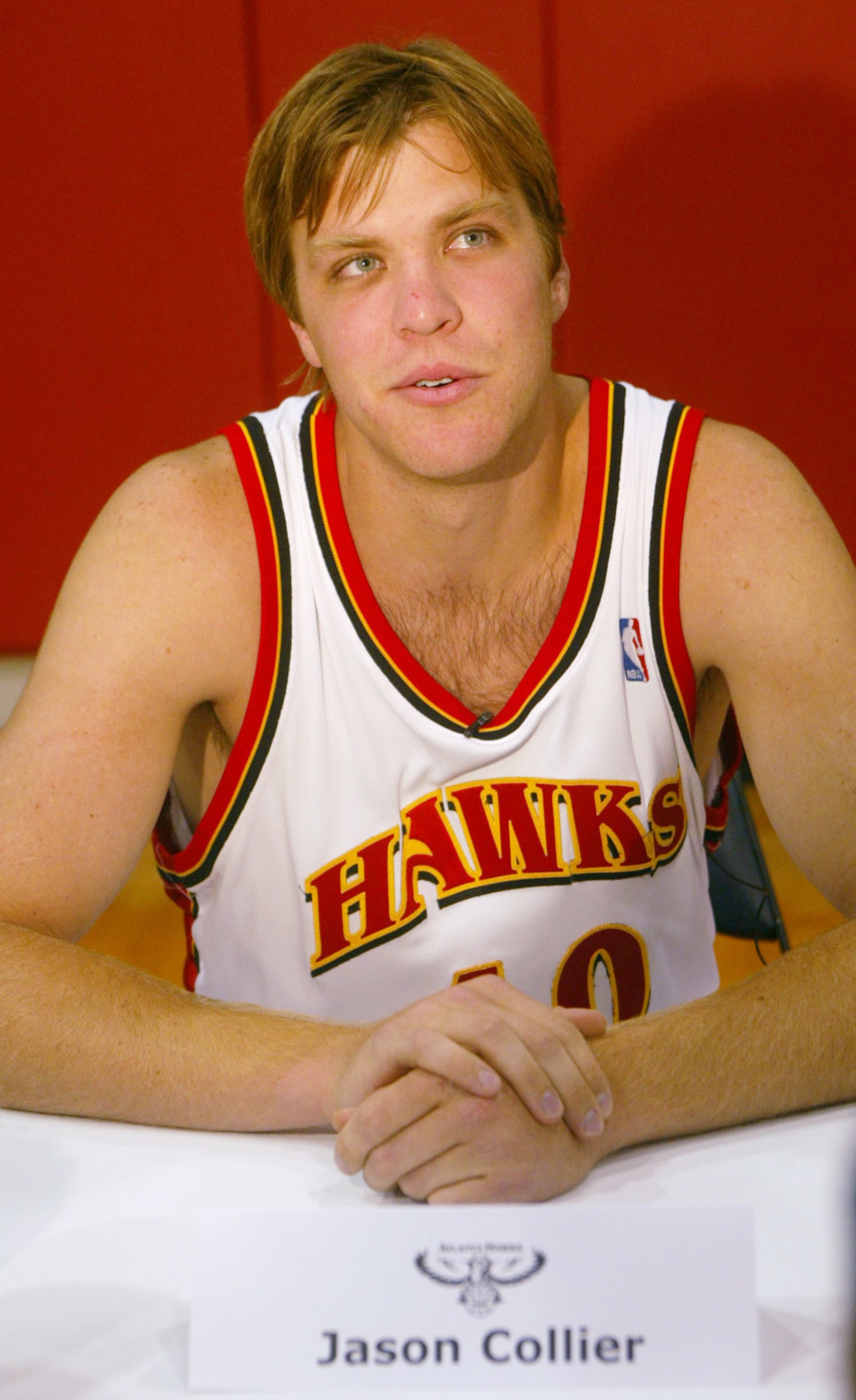 051003 ATLANTA: Atlanta Hawks' center Jason Collier is seen during the team's annual Media Day Monday 10/3/05 at Philips Arena. According to staff reports, Collier died of an apparent heart attack early Saturday 10/15/05 despite efforts by his wife to revive him.   JENNI GIRTMAN/AJC Staff