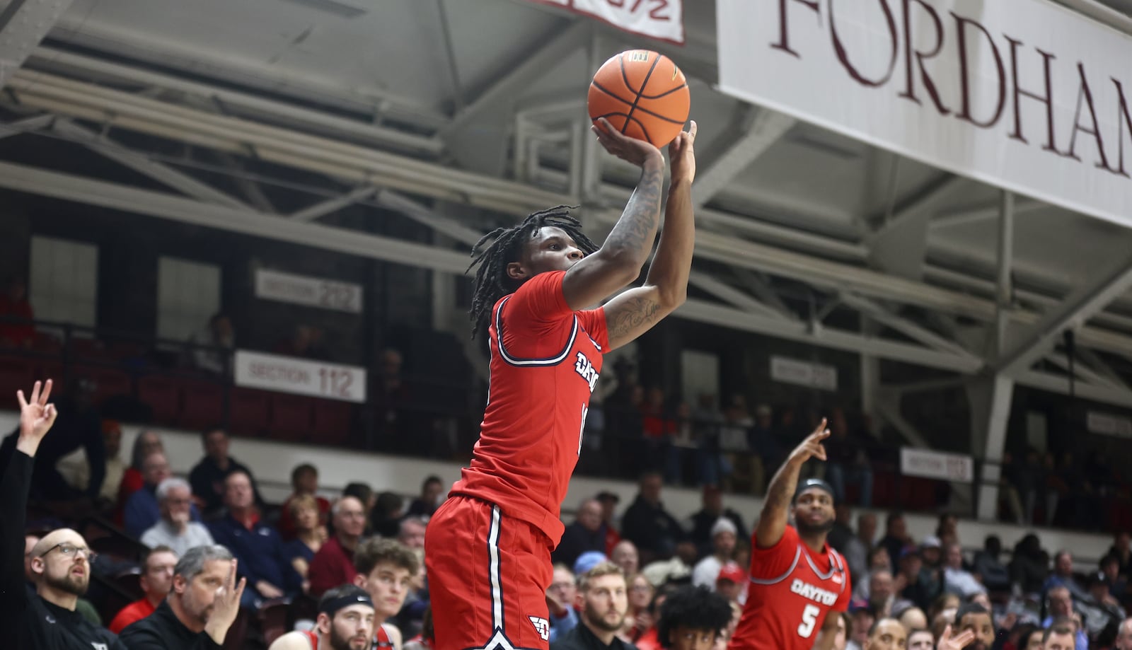 Dayton's Malachi Smith makes a 3-pointer in the second half against Fordham on Wednesday, Feb. 12, 2025, at Rose Hill Gym in Bronx, N.Y. David Jablonski/Staff