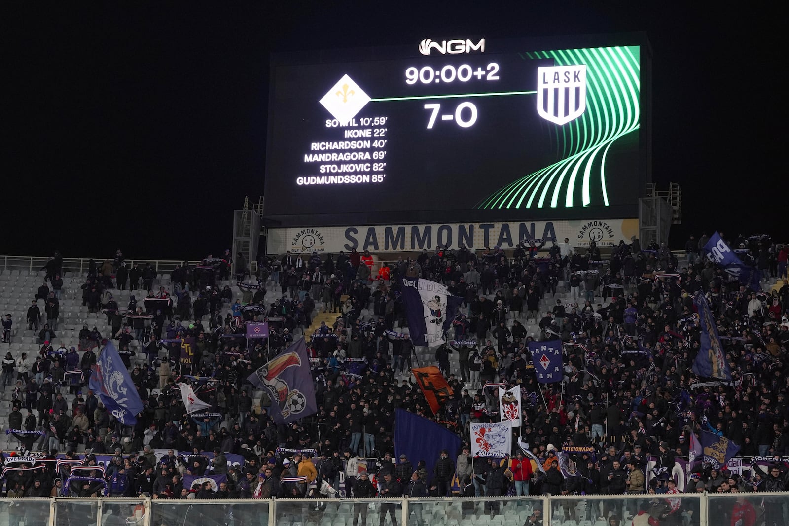 The screen shows the score during the Europa Conference League opening phase soccer match between Fiorentina and LASK at the Artemio Franchi Stadium in Florence, Italy, Thursday Dec. 12, 2024. (Massimo Paolone/LaPresse via AP)