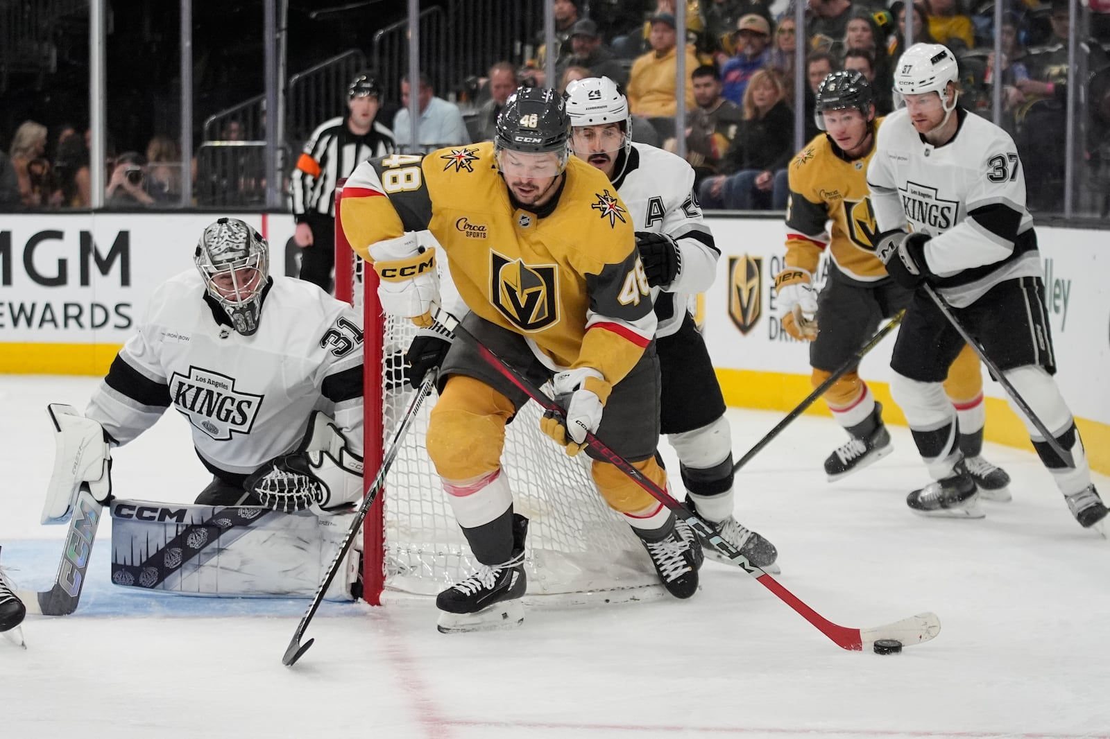 Vegas Golden Knights center Tomas Hertl (48) skates around the net against the Los Angeles Kings during the second period of an NHL hockey game Sunday, March 9, 2025, in Las Vegas. (AP Photo/John Locher)