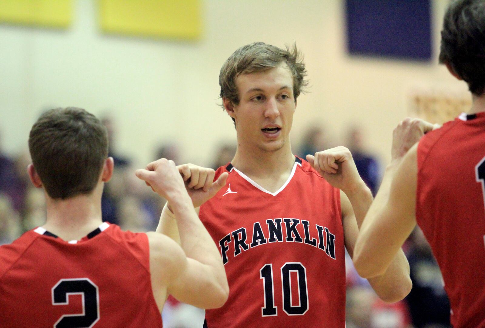 Franklin's Luke Kennard greets his teammates during introductions before their game against Monroe at Monroe on Jan. 30, 2015. FILE