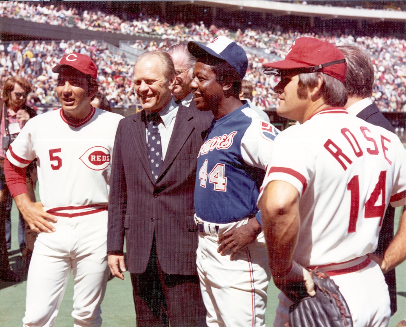 Vice-president Gerald Ford attended opening day in 1974 with Hank Aaron,Johnny Bench and Pete Rose.Photo couirtesy of Cincinnati Reds