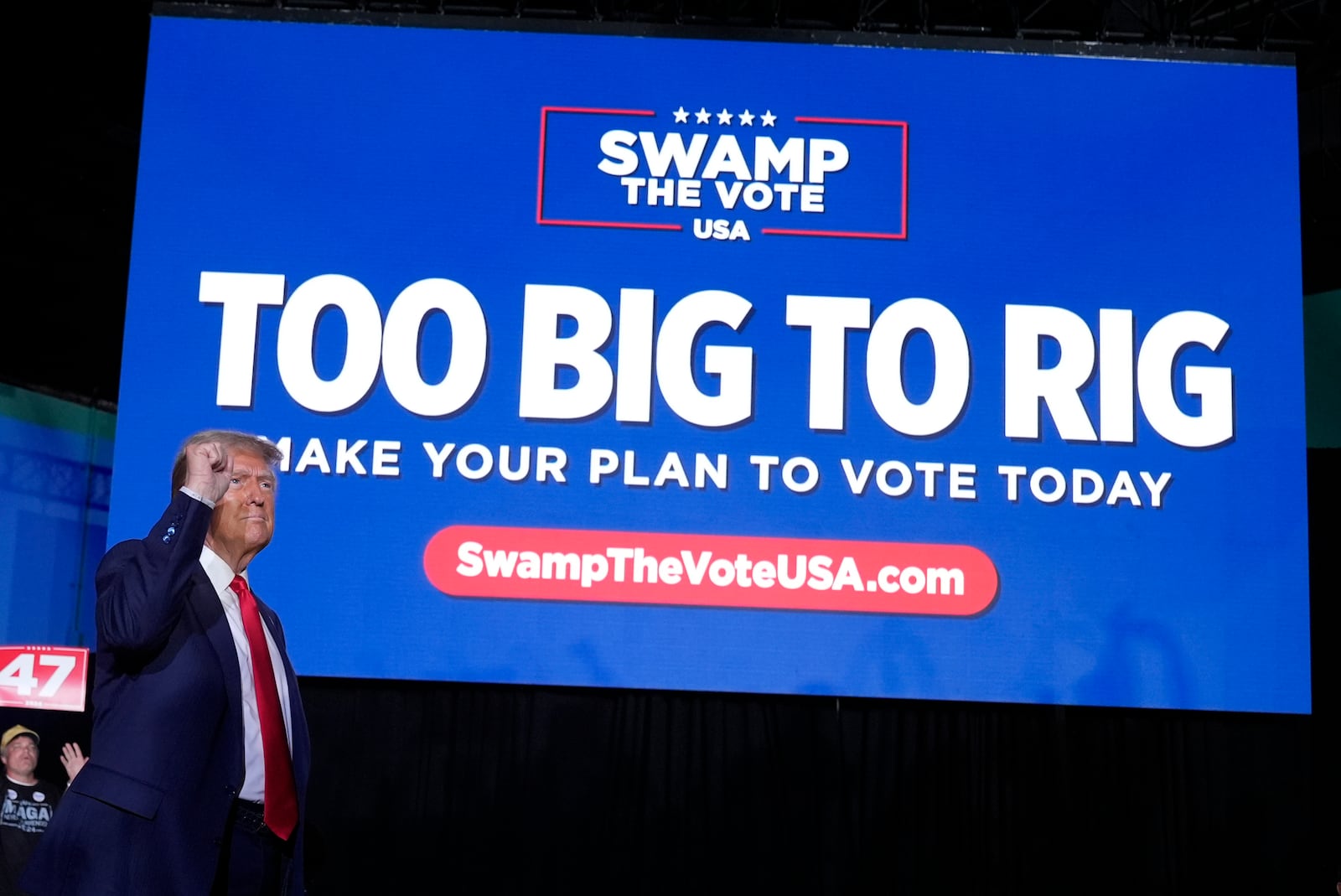 Republican presidential nominee former President Donald Trump gestures at a campaign rally at Greensboro Coliseum, Tuesday, Oct. 22, 2024, in Greensboro, N.C. (AP Photo/Alex Brandon)