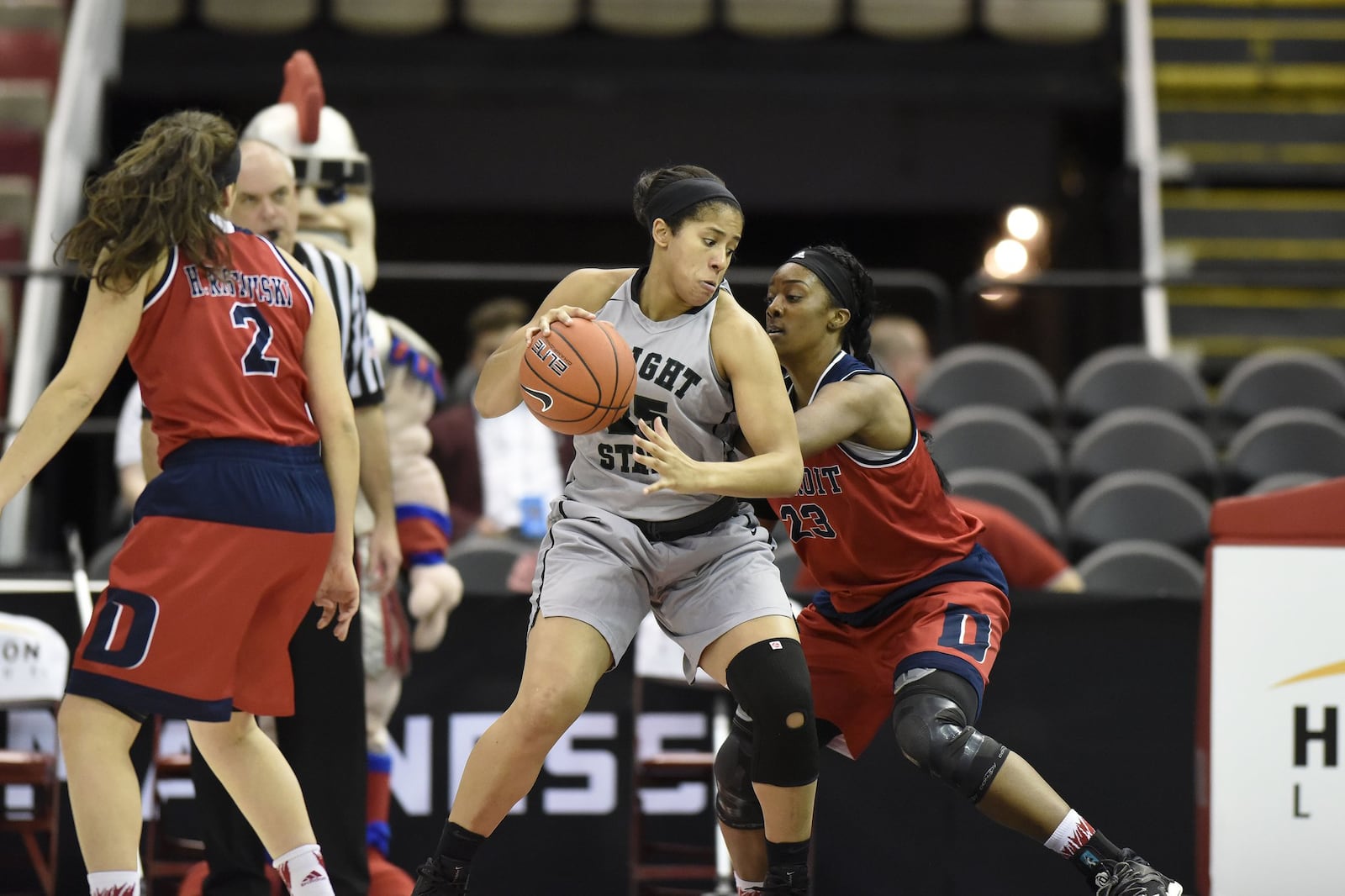 Wright State’s Symone Simmons fights to get a shot off during Monday’s Horizon League semifinal game against Detroit. JOSE JUAREZ/ CONTRIBUTED PHOTO