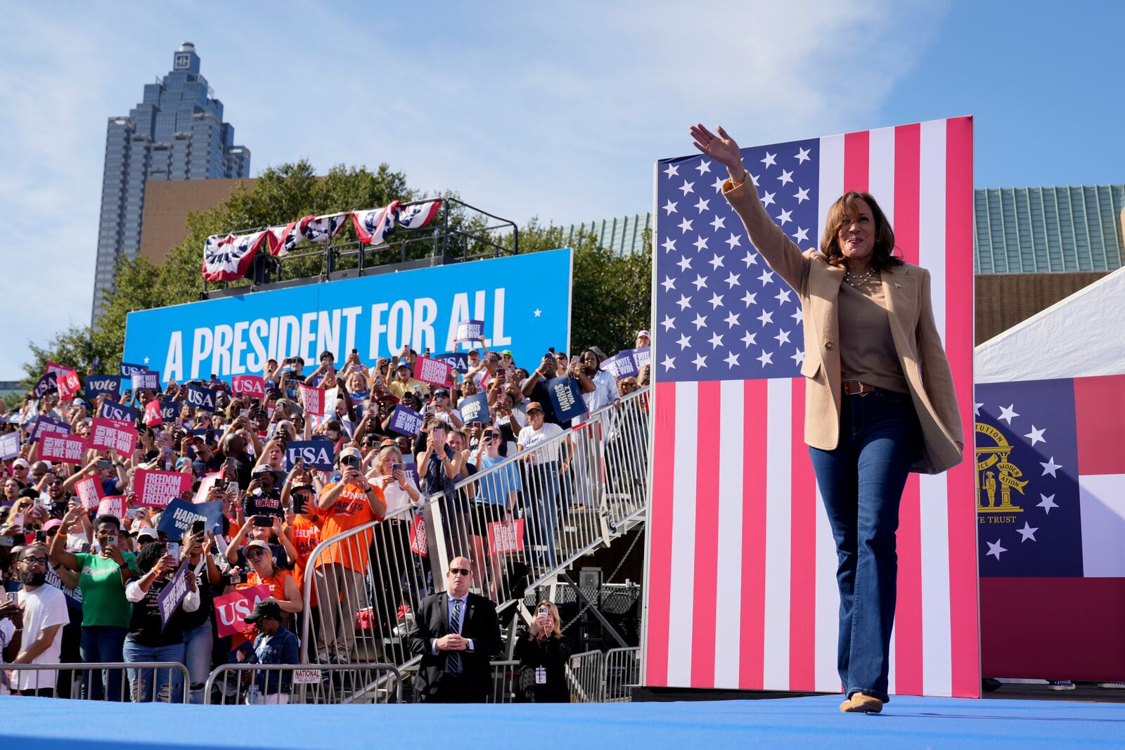 Democratic presidential nominee Vice President Kamala Harris arrives to speak at a campaign rally outside the Atlanta Civic Center, Saturday, Nov. 2, 2024. (AP Photo/Jacquelyn Martin)