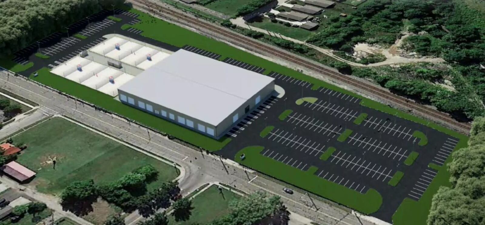 This aerial illustration shows how the West Carrollton facility by Spikeit LLC will be laid out. Outdoor volleyball courts would be on the eastern side of the 7 acres it is proposing to buy at 200 W. Central Ave. The indoor courts would be in the center of the land and the majority of 350 parking spaces would be on the west side of property. CONTRIBUTED