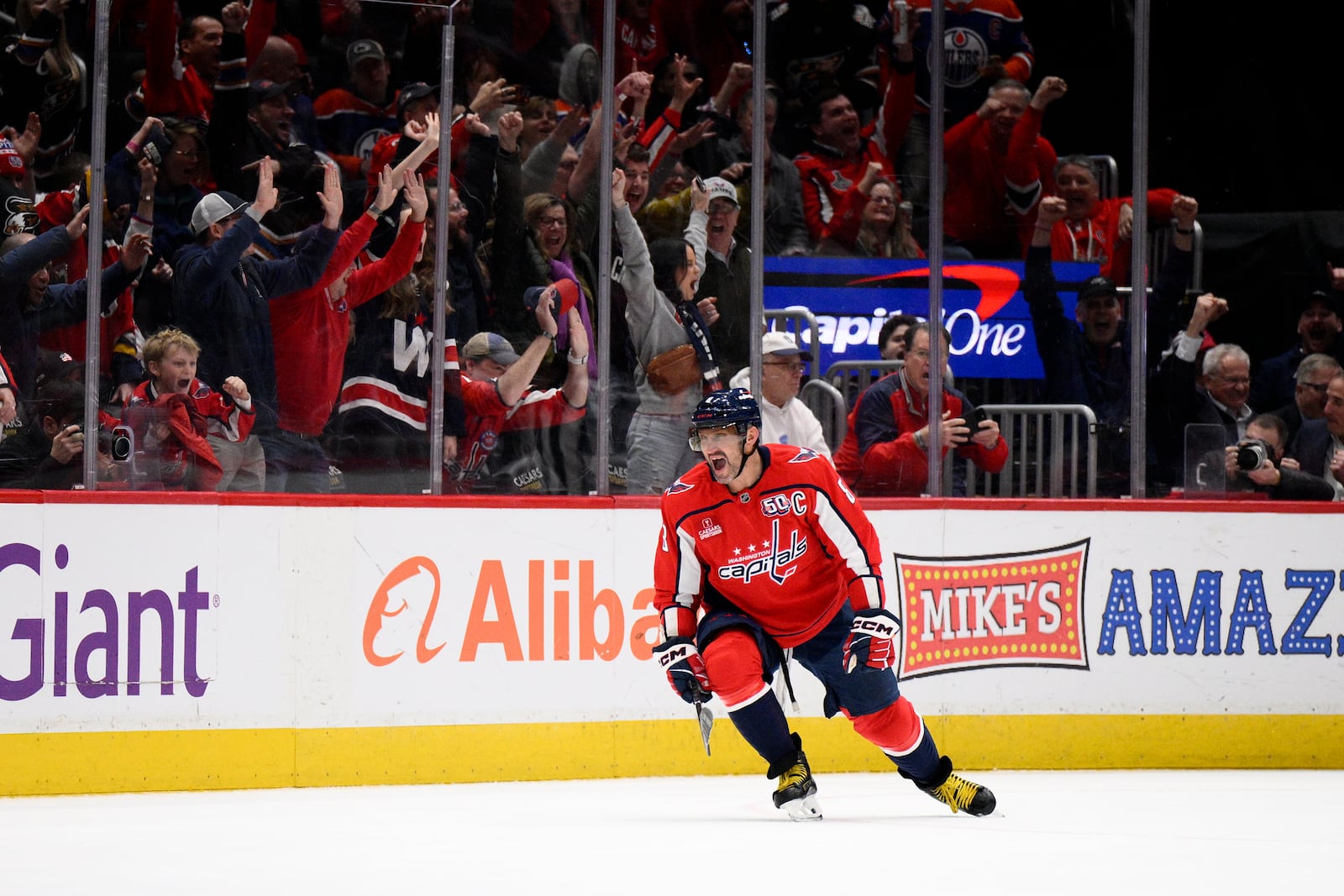 Washington Capitals left wing Alex Ovechkin celebrates after his goal during the second period of an NHL hockey game against the Edmonton Oilers, Sunday, Feb. 23, 2025, in Washington. (AP Photo/Nick Wass)