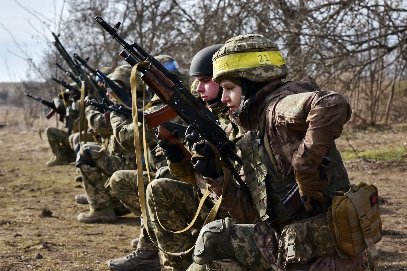 In this photo provided by Ukraine's 65th Mechanised Brigade press service, Ukrainian servicemen train at the military training ground in the Zaporizhzhia region, Ukraine, Monday, March 10, 2025. (Andriy Andriyenko/Ukraine's 65th Mechanised Brigade via AP)