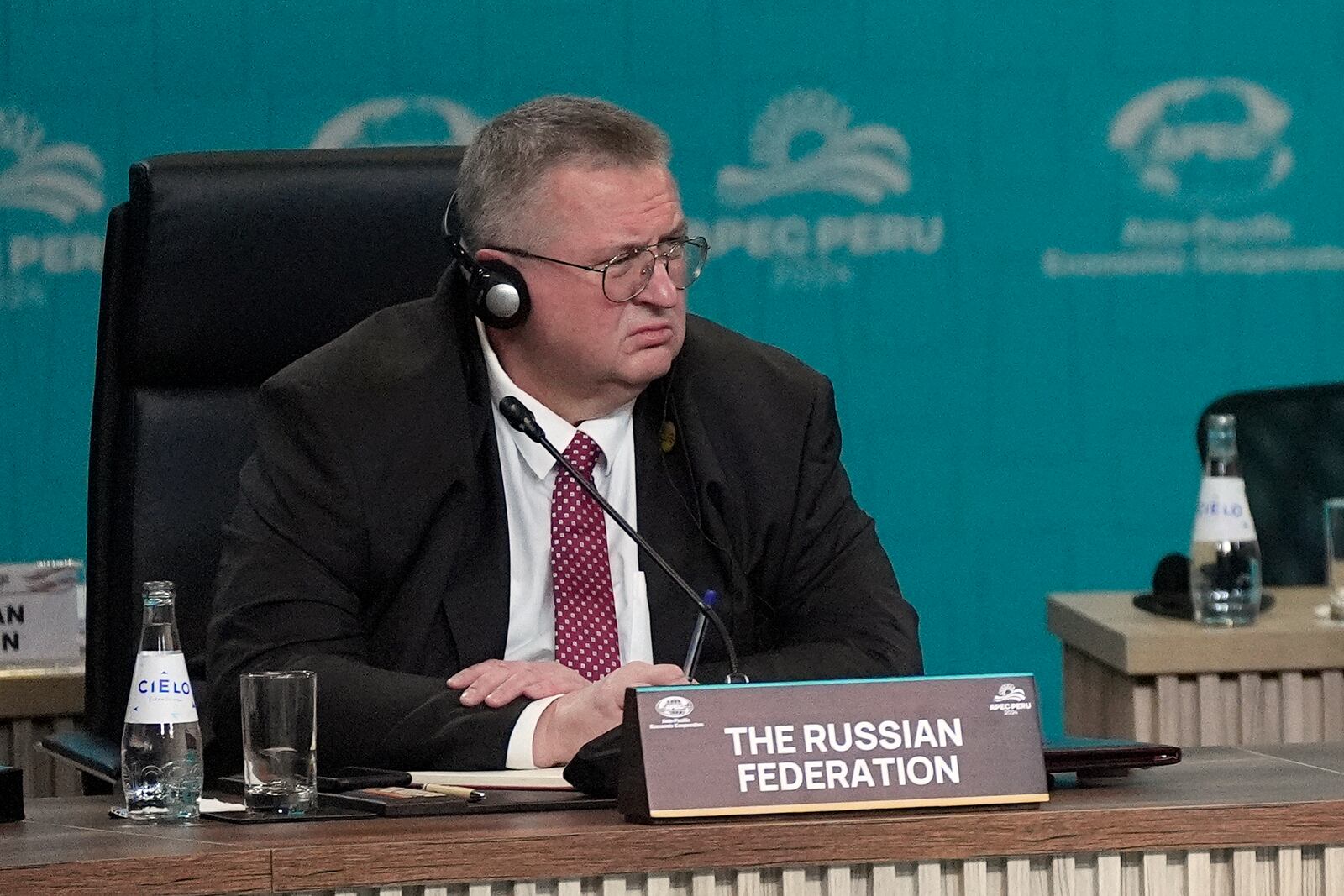 Russia's Deputy Prime Minister Alexey Overchuk participates in the APEC Leaders' Informal Dialogue at the APEC Summit in Lima, Peru, Friday, Nov. 15, 2024. (AP Photo/Manuel Balce Ceneta)