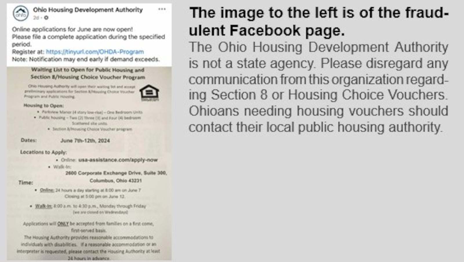 A snapshot of a fake Facebook page that uses the logo of the Ohio Housing Finance Agency. The fraudulent group calls itself the Ohio Housing Development Authority. CONTRIBUTED