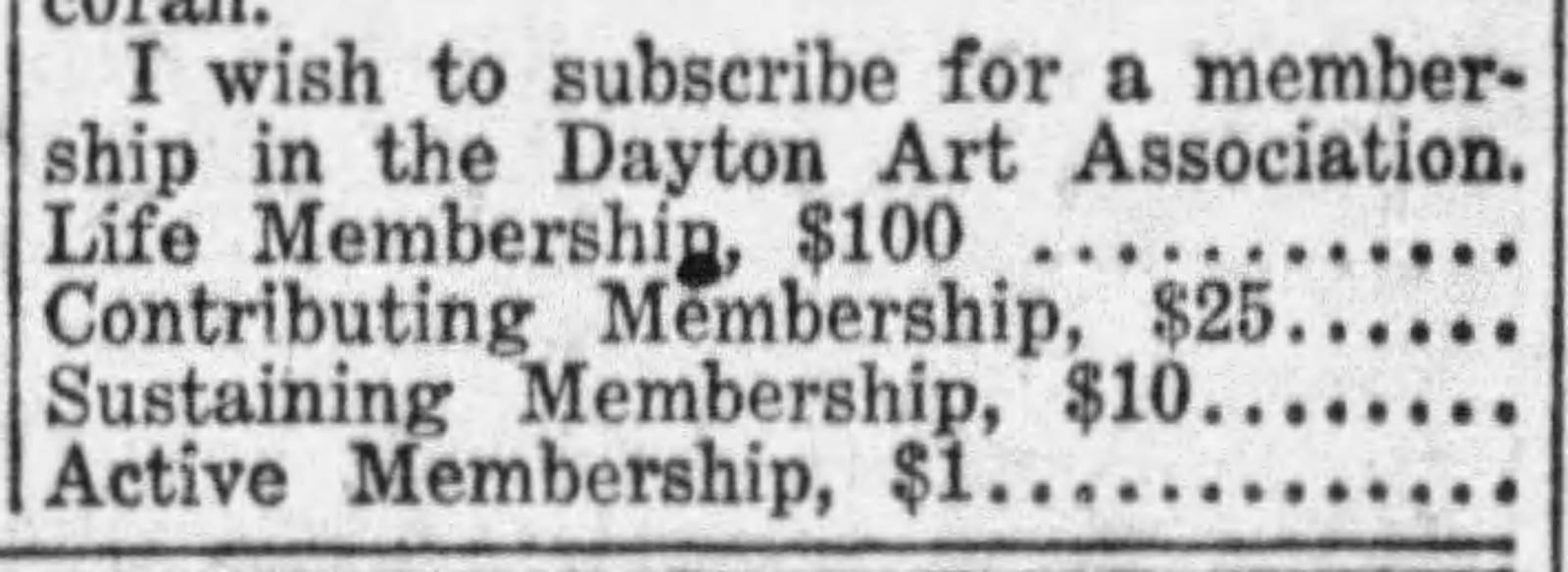 A Dayton Art Institute membership notice in the Dayton Daily News from 1919. DAYTON DAILY NEWS ARCHIVE