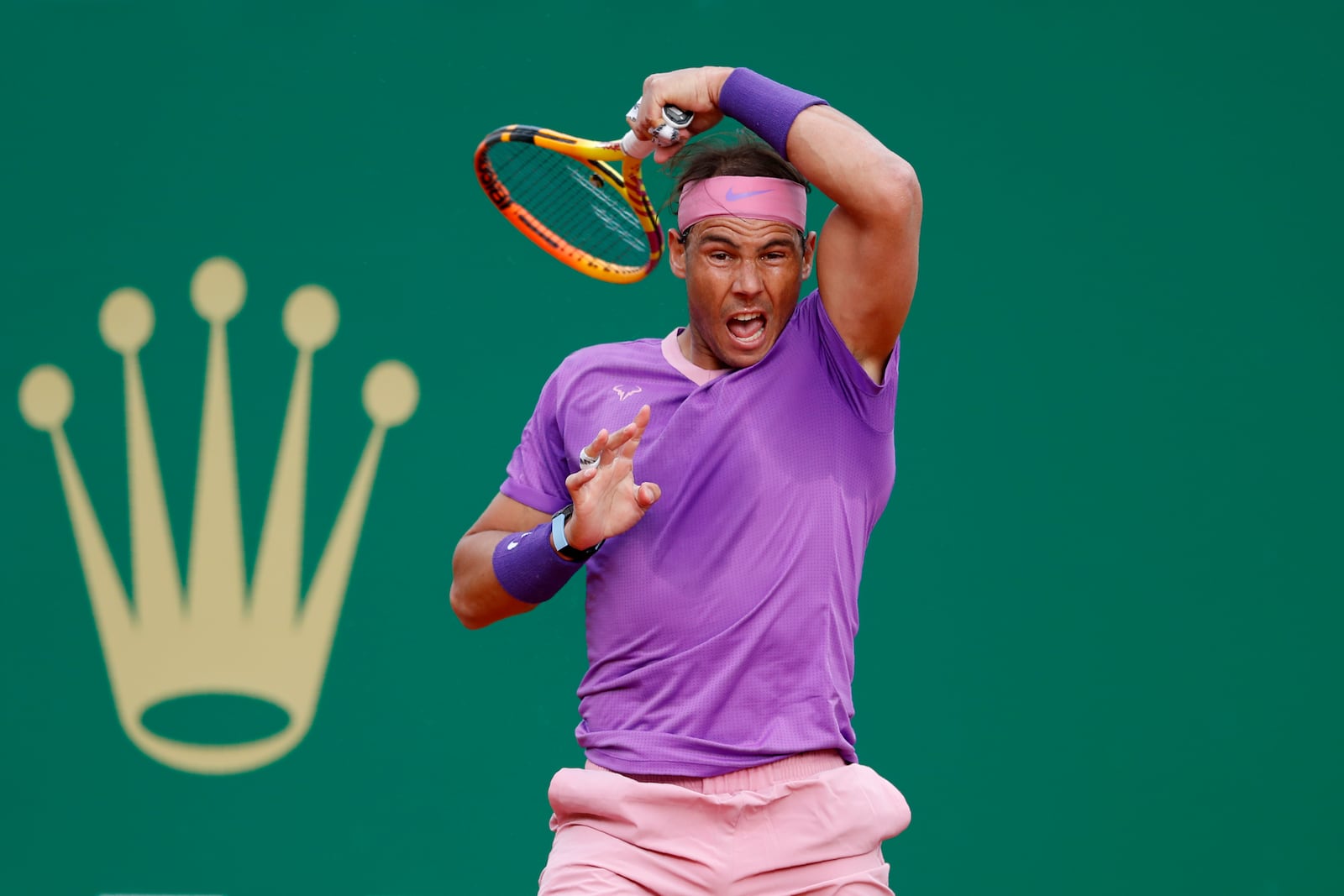 FILE - Rafael Nadal of Spain follows his shot to Andrey Rublev of Russia during their quarterfinal match of the Monte Carlo Tennis Masters tournament in Monaco, Friday, April 16, 2021. (AP Photo/Jean-Francois Badias, File)